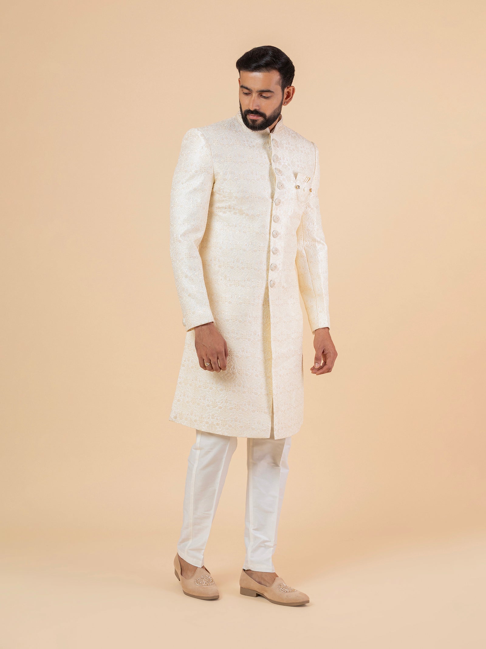 Slate Grey Minimalist Embroidered Sherwani Set