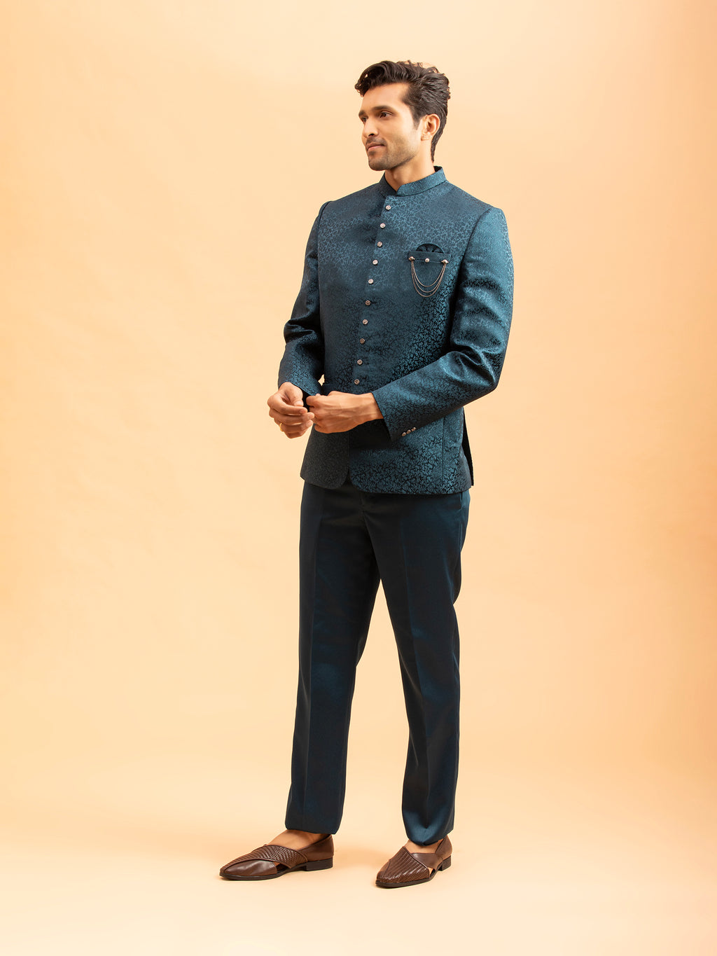 Deep Teal Floral Jacquard Jodhpuri Set