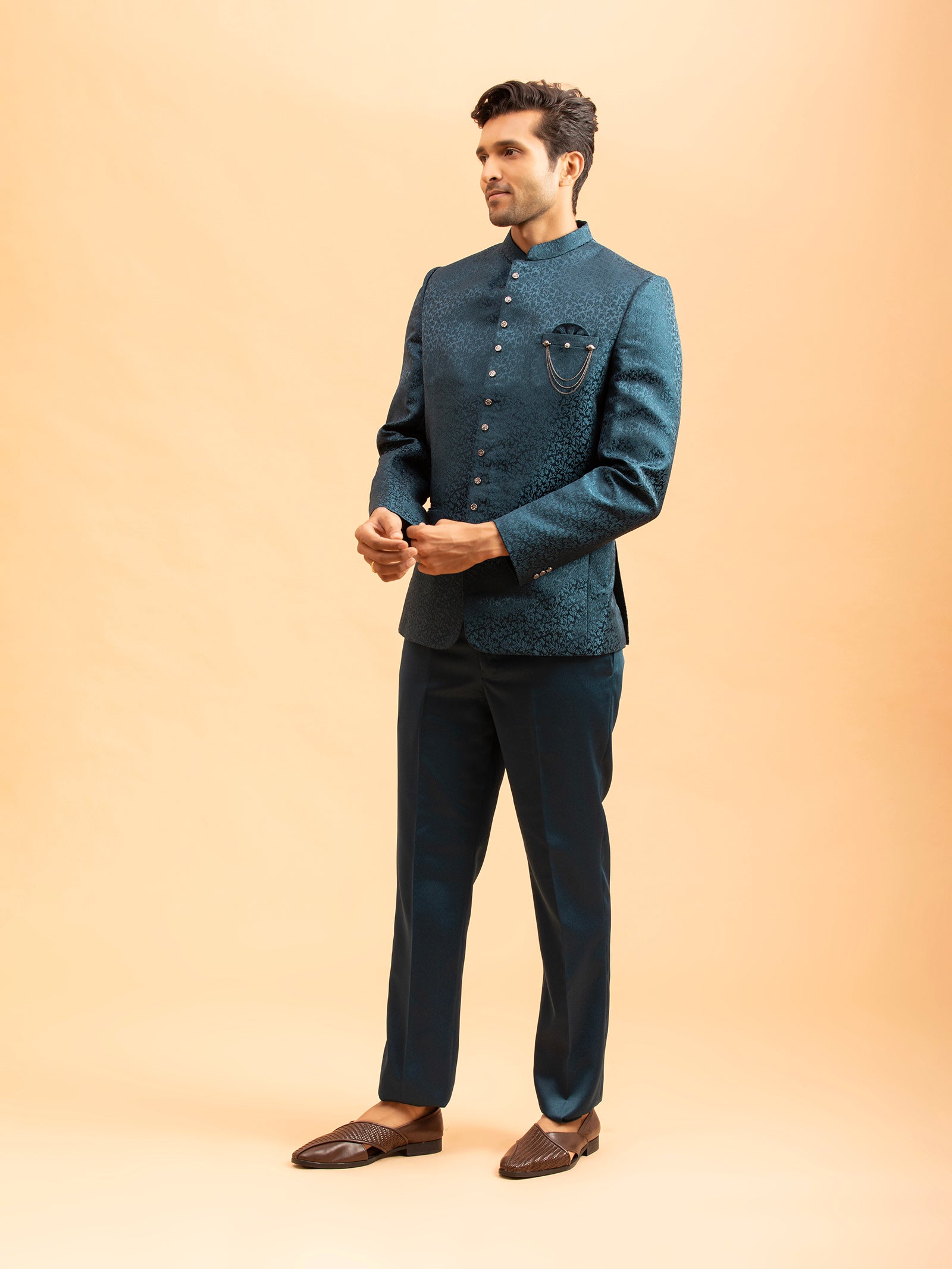 Deep Teal Floral Jacquard Jodhpuri Set