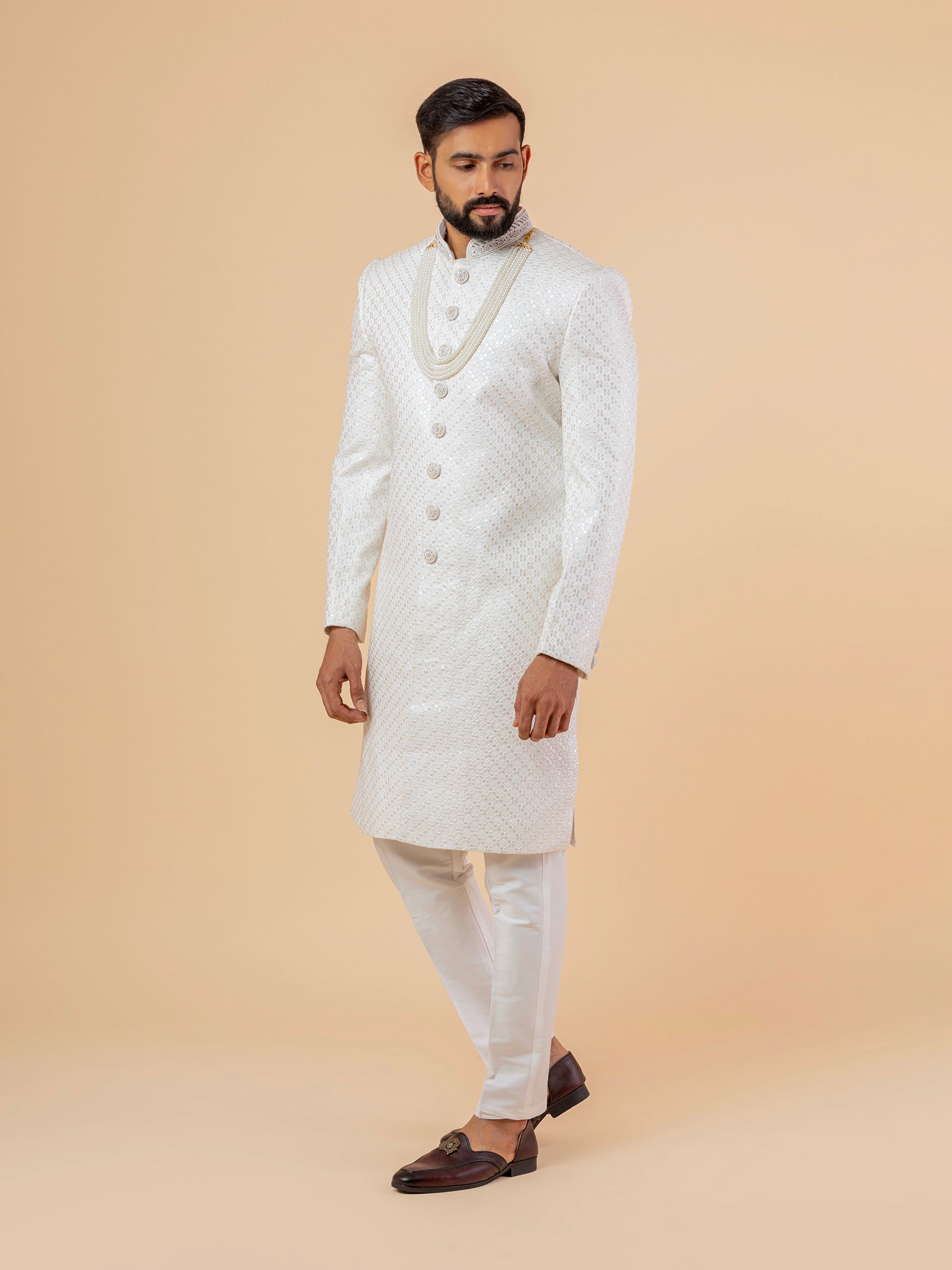 Warm White Allover-Embroidered Sherwani