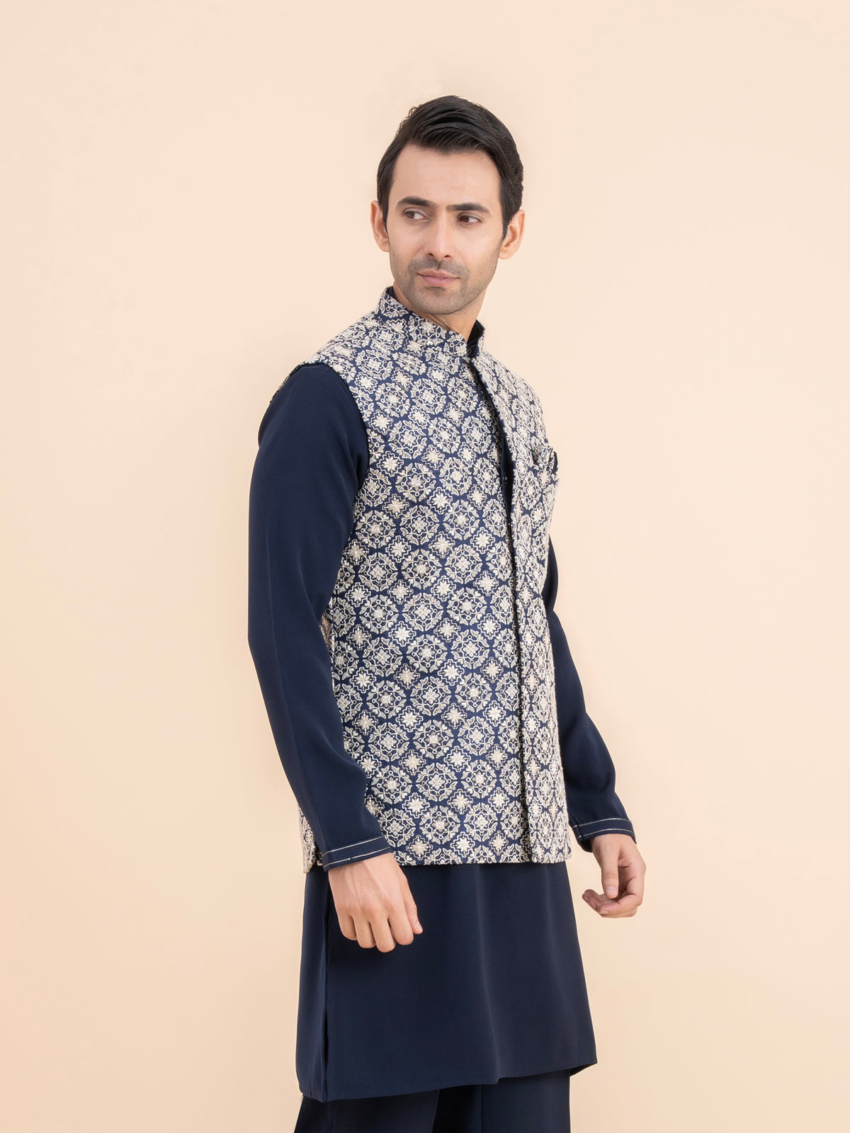 Navy Woven Motif Nehru Jacket
