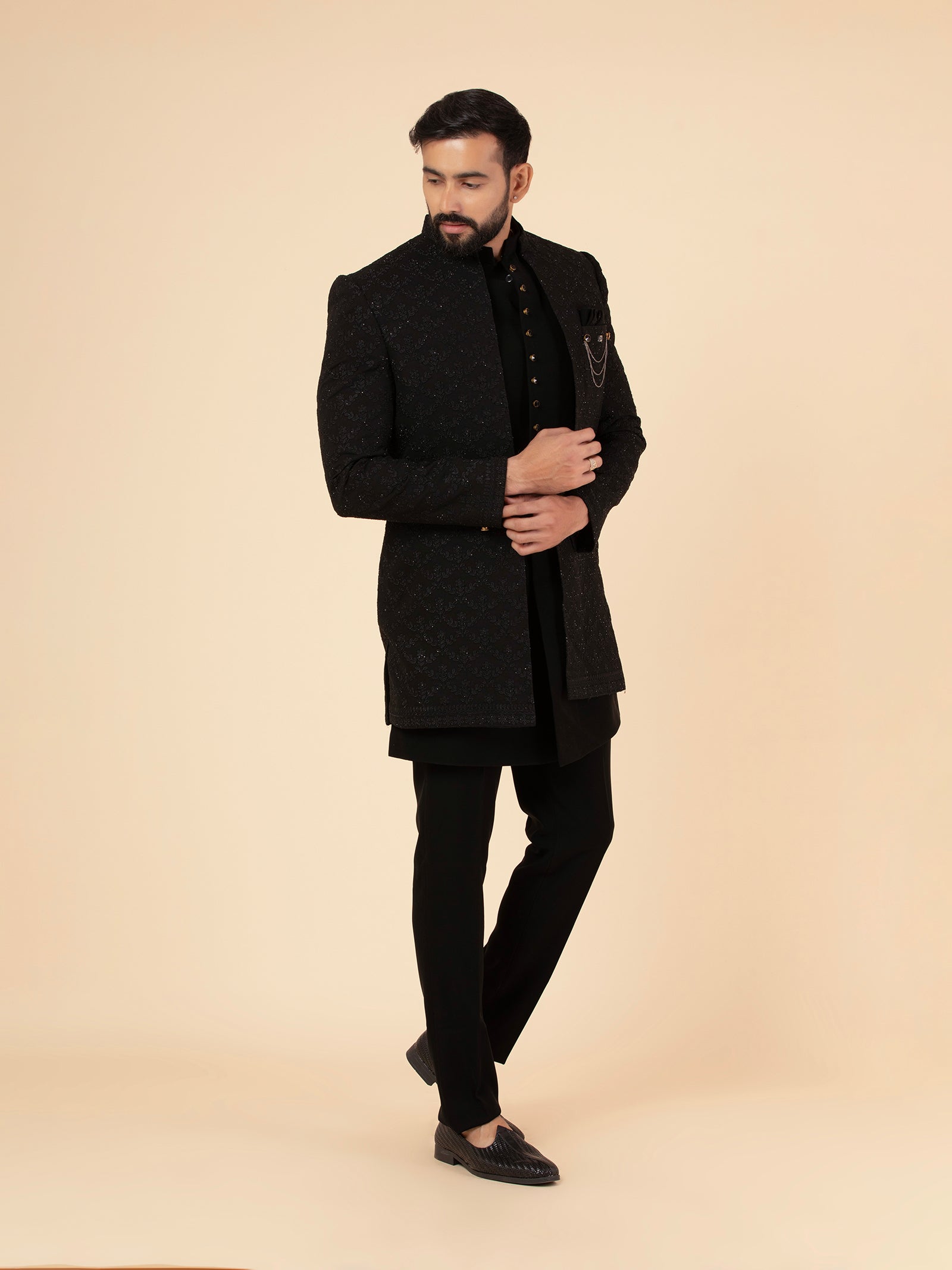 Onyx Arabesque Threadwork Indowestern Set