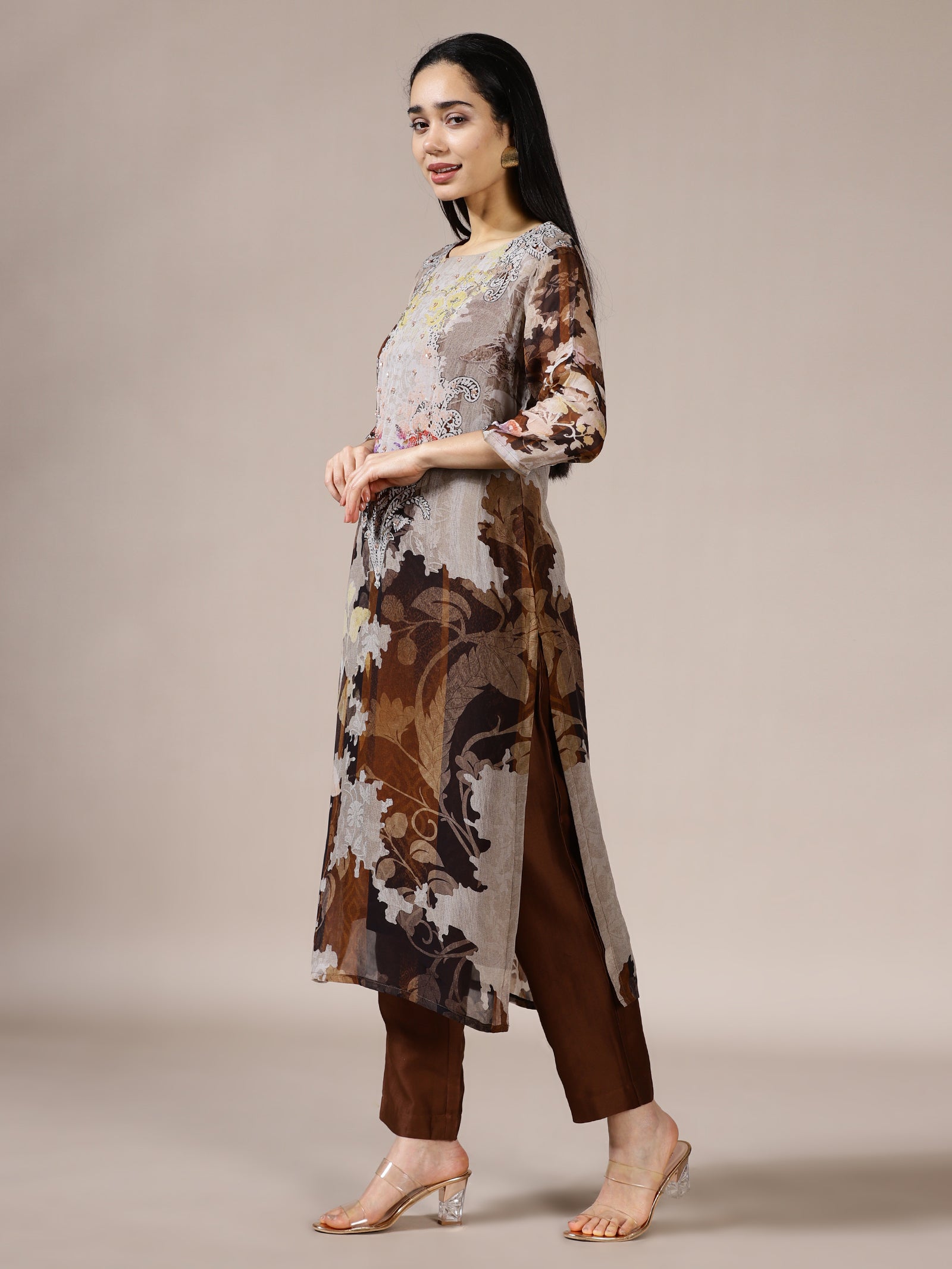 Brown Abstract Print Suit Set