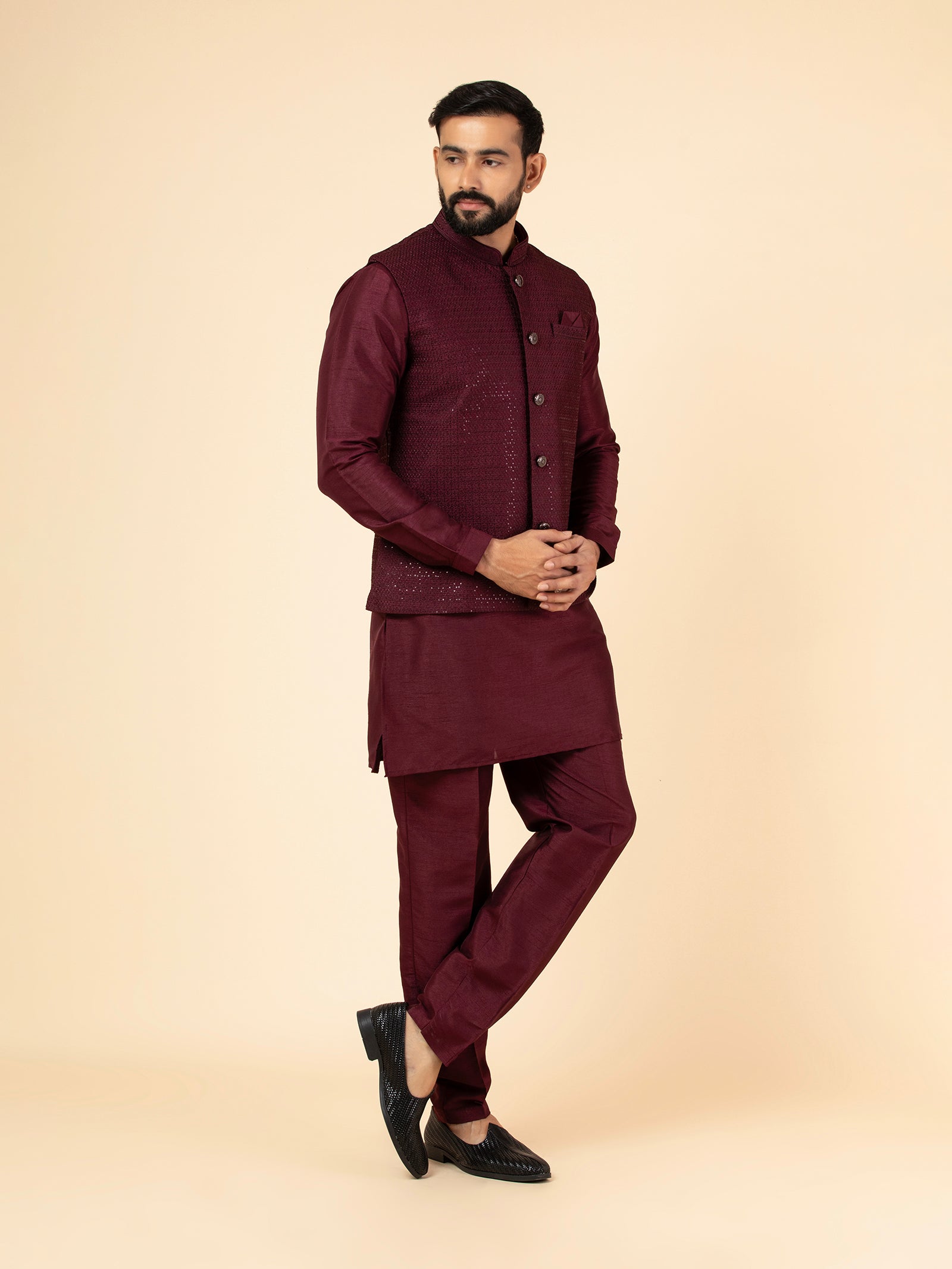 Royal Maroon Sequined Jacket Set