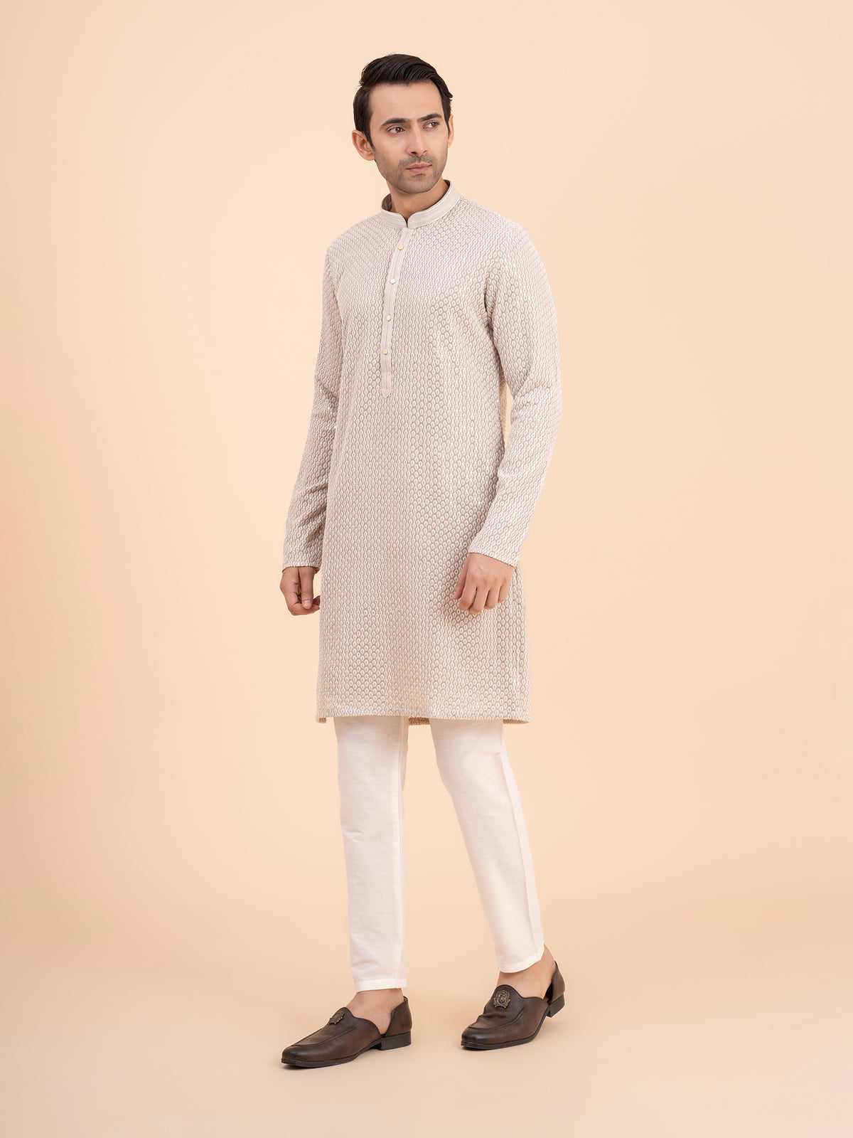 Soft Taupe Chikankari Embroidred Kurta Set