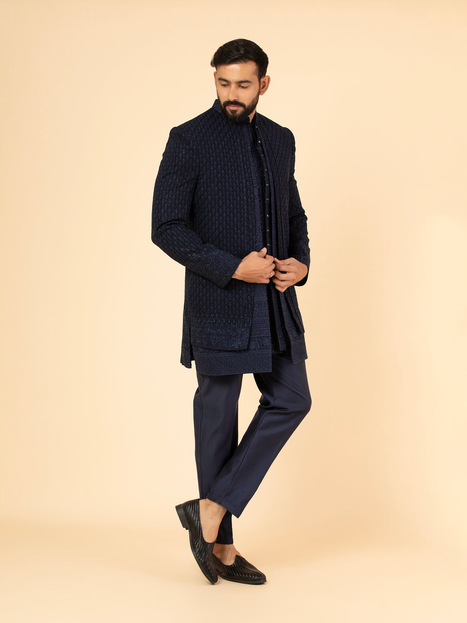 Indigo Diamond Lattice Indowestern Set