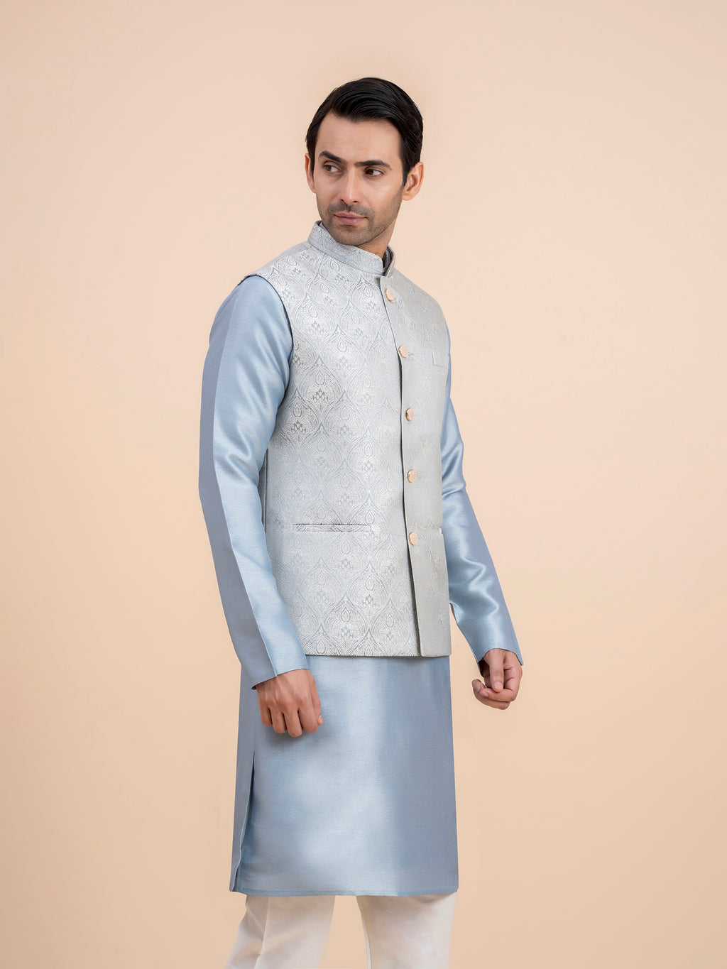 Silver Grey Embroidered Nehru Jacket