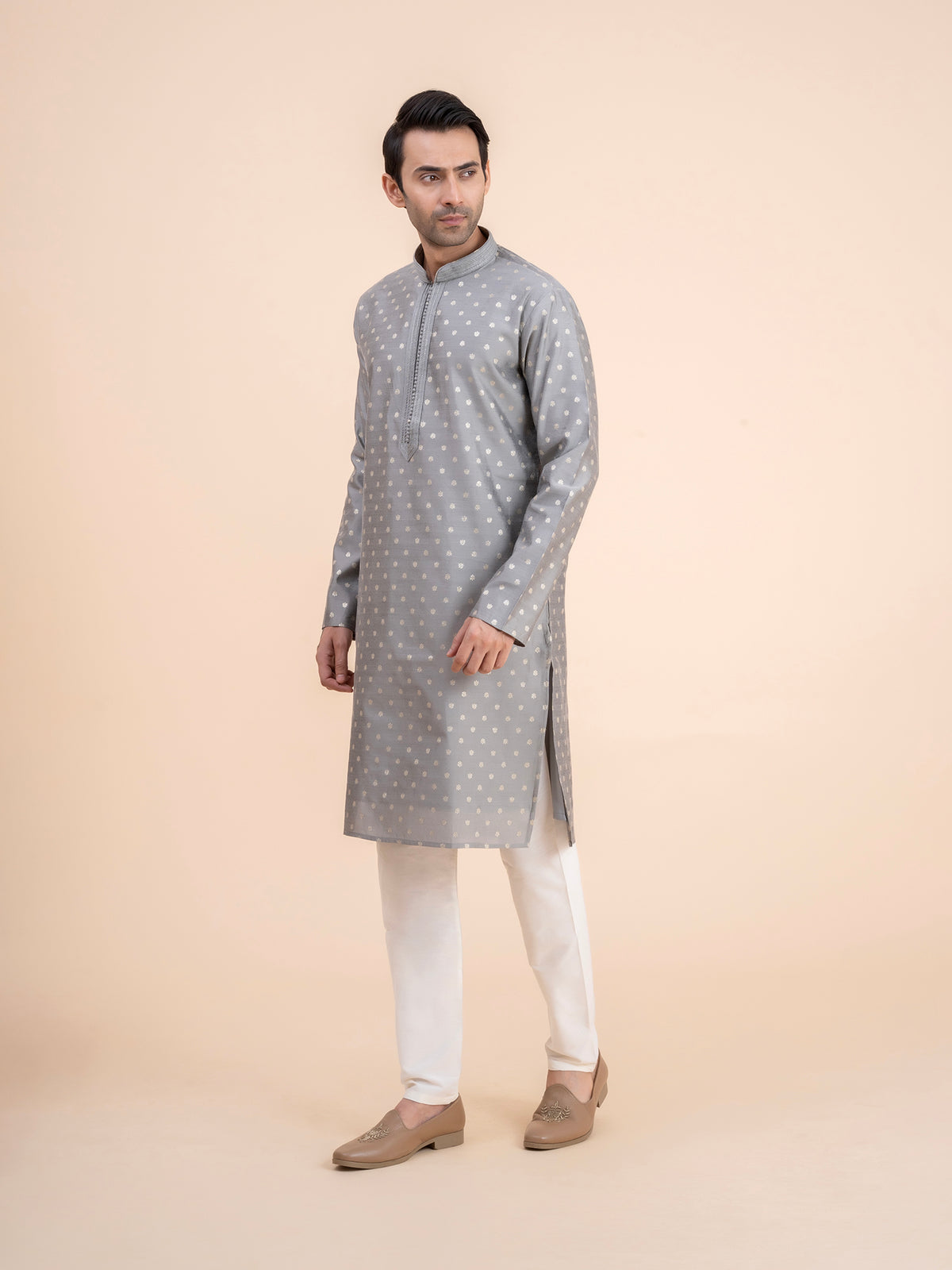 Grey Woven Motif Kurta Set