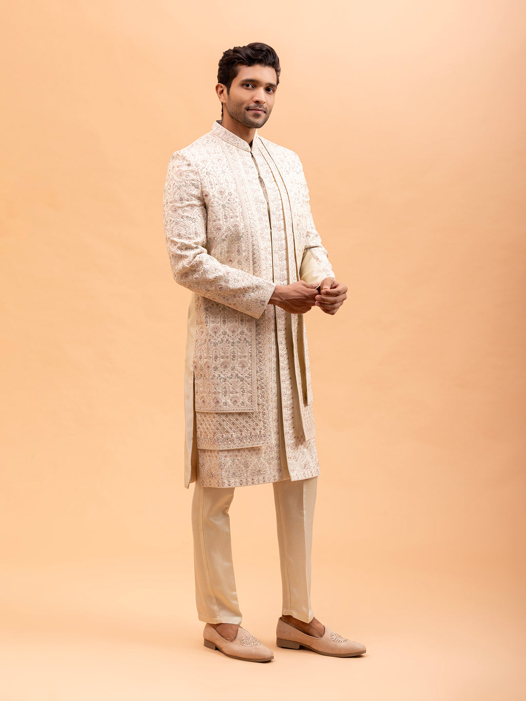 Golden Floral Embroidered Sherwani Set