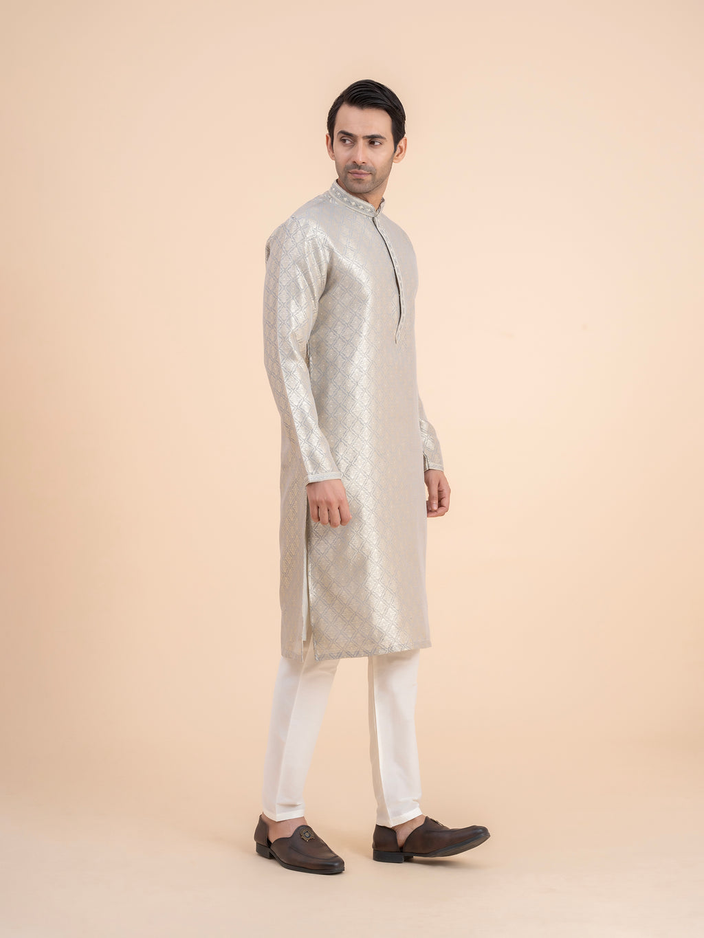 Silver Brocade Kurta Set