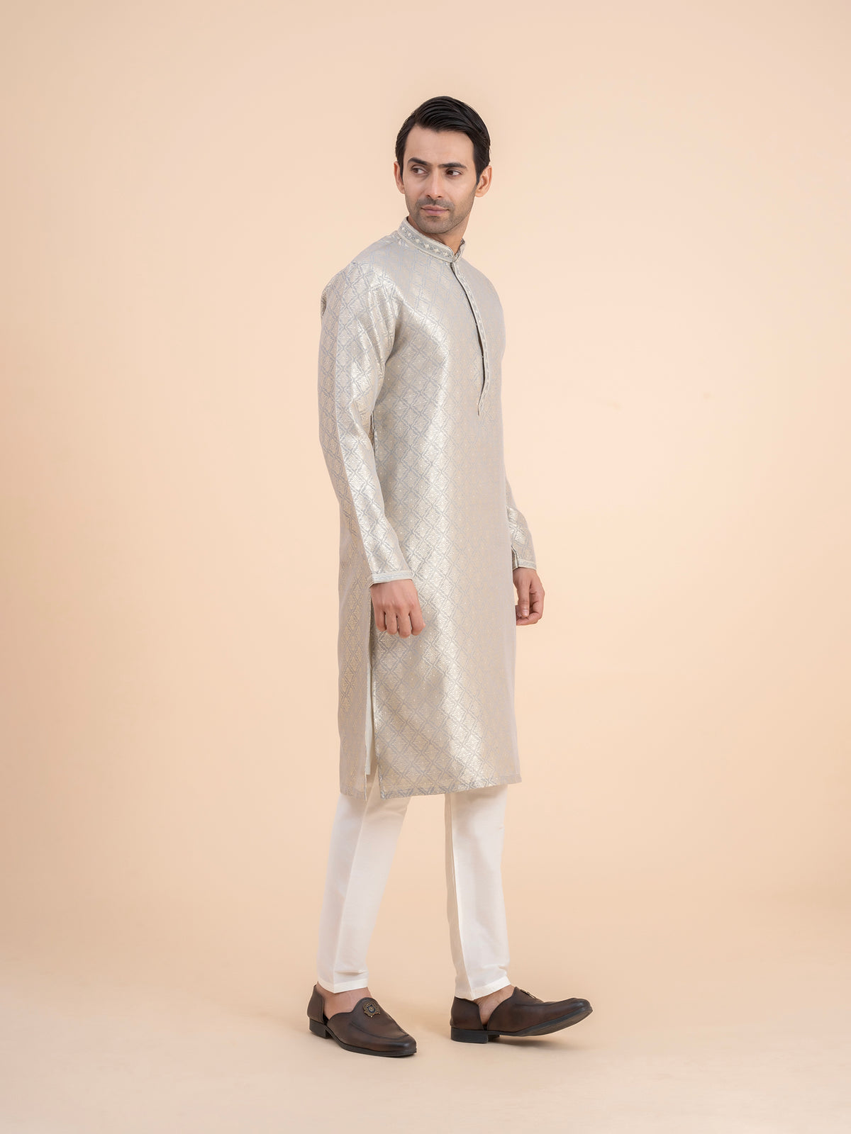 Silver Brocade Kurta Set