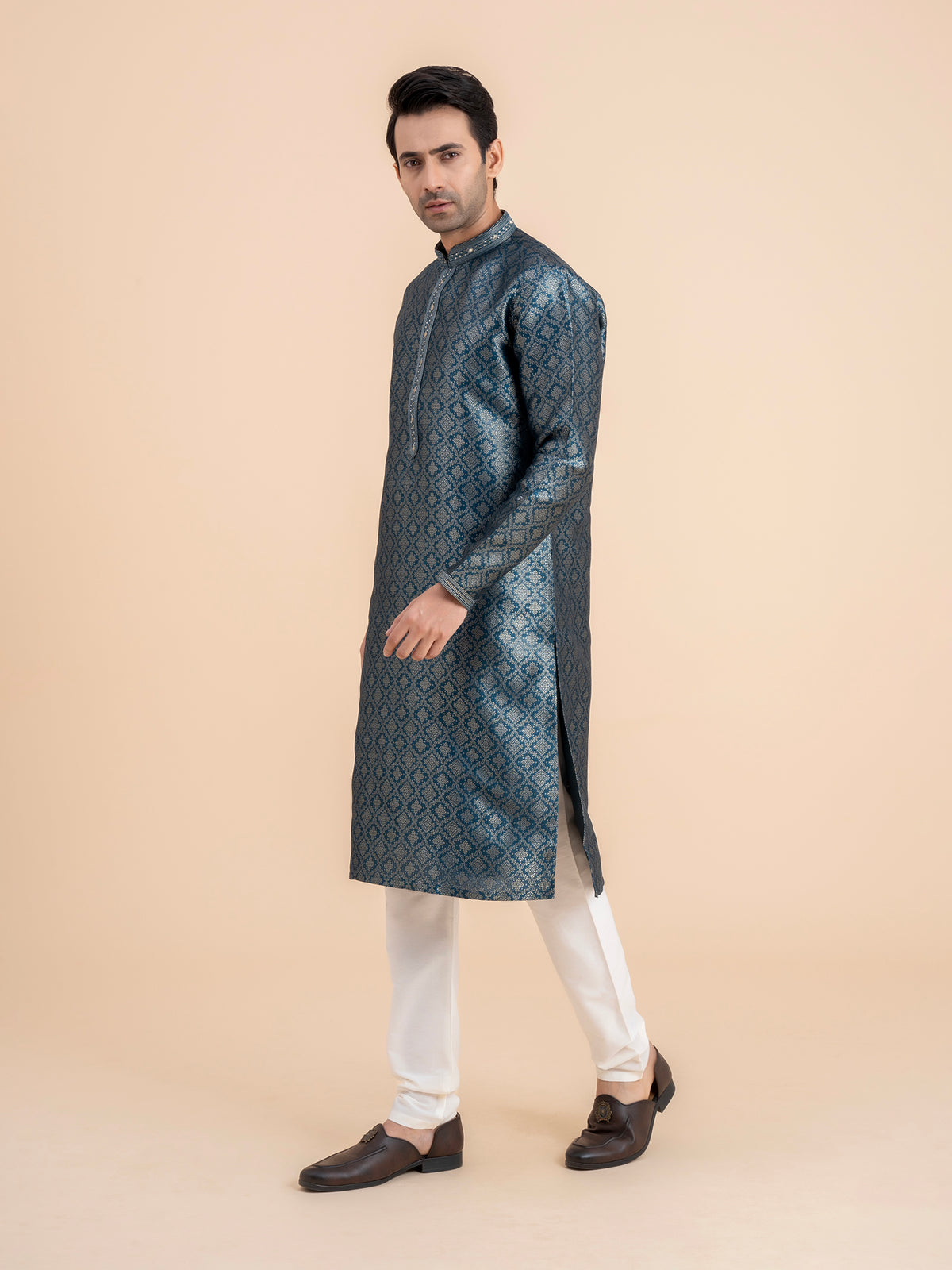 Navy Brocade Kurta Set