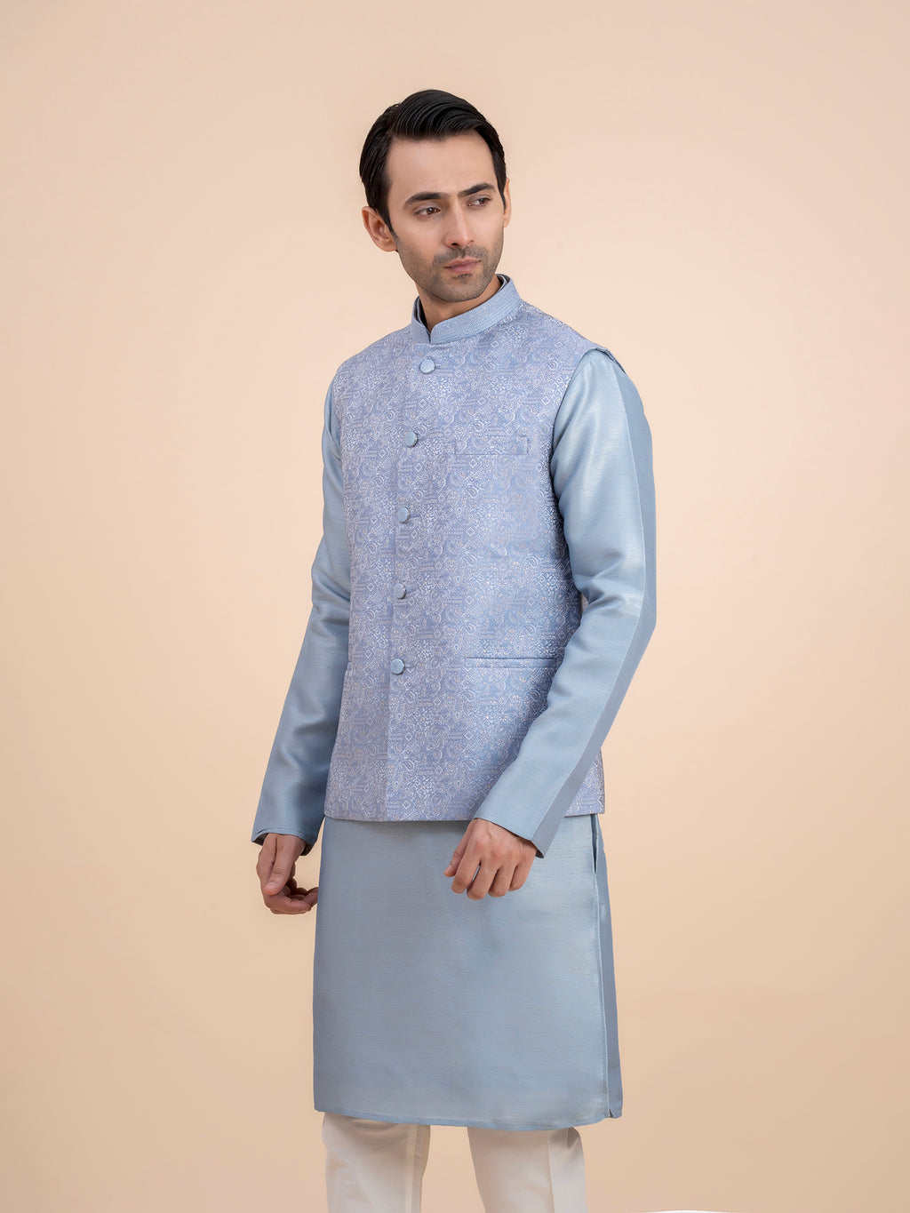 Dusty Blue Embroidered Nehru Jacket
