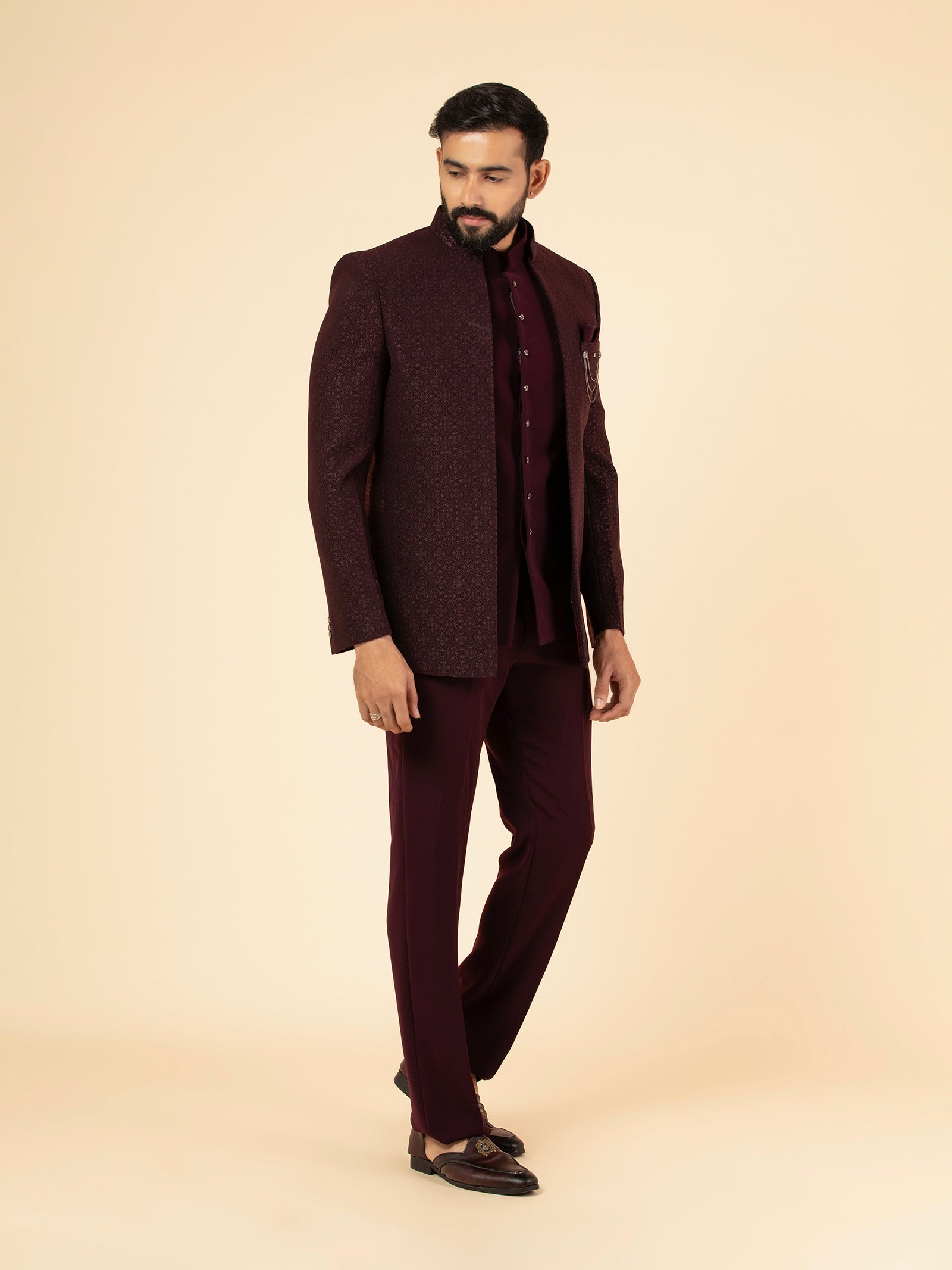Maroon Garnet Lattice Jodhpuri Set
