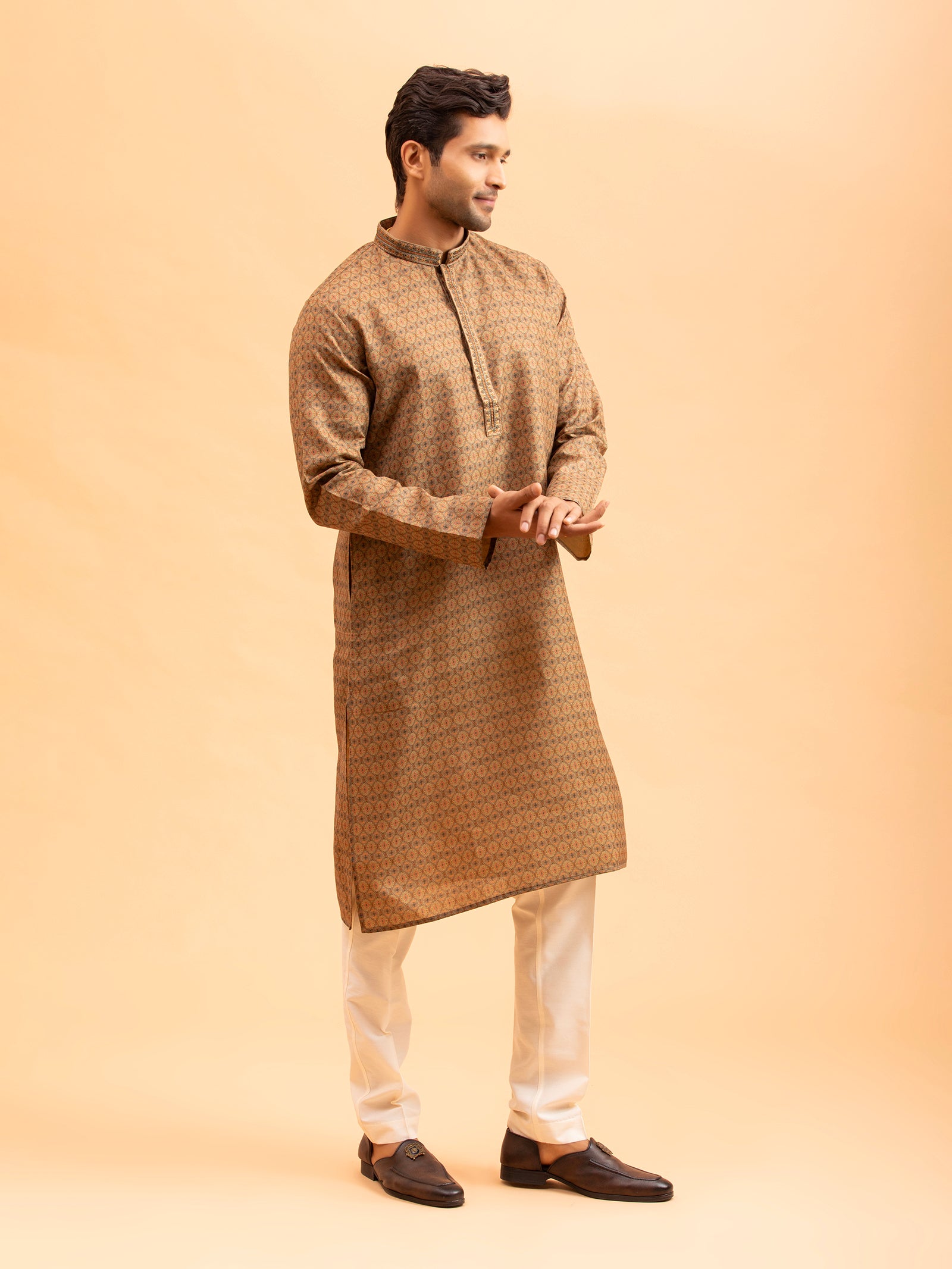Earth-Tone Geometric Patterned Kurta