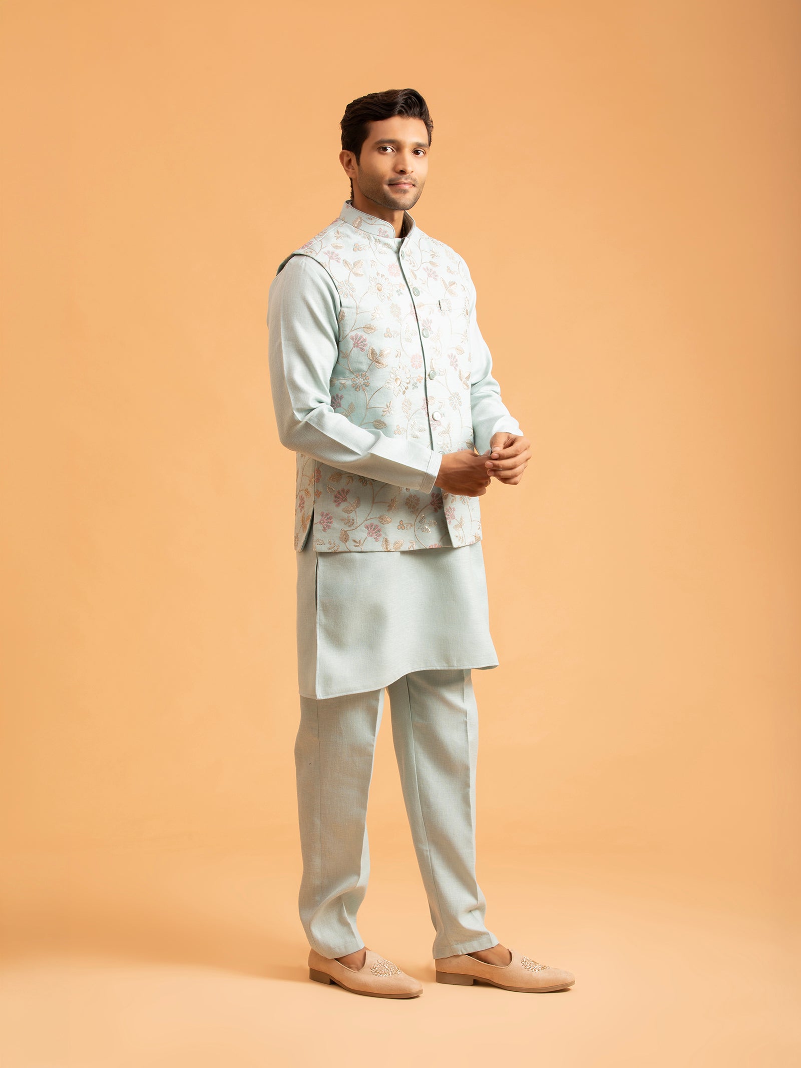 Azure Serenity Floral Embroidered Nehru Jacket Set