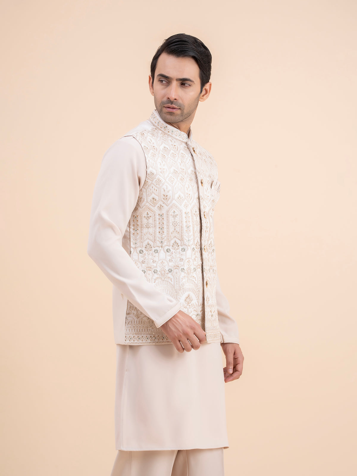 Cream Heavy Embroidered Nehru Jacket