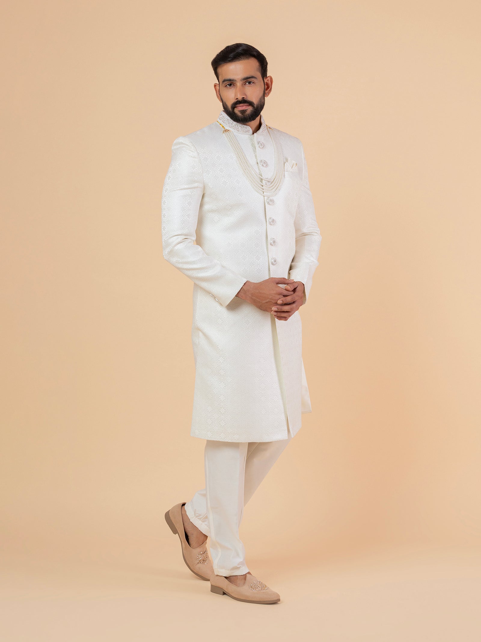 Soft Cream Heavy-Embroidered Sherwani