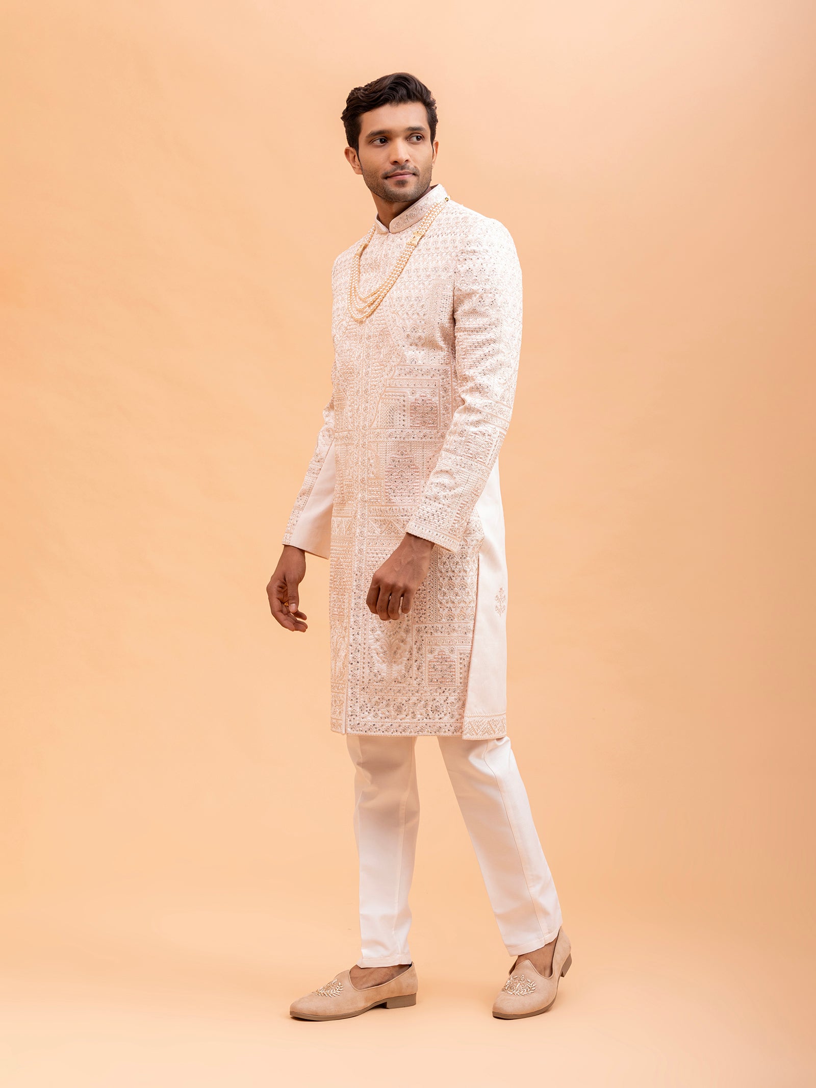 Blush Pink Geometric Embroidered Sherwani Set