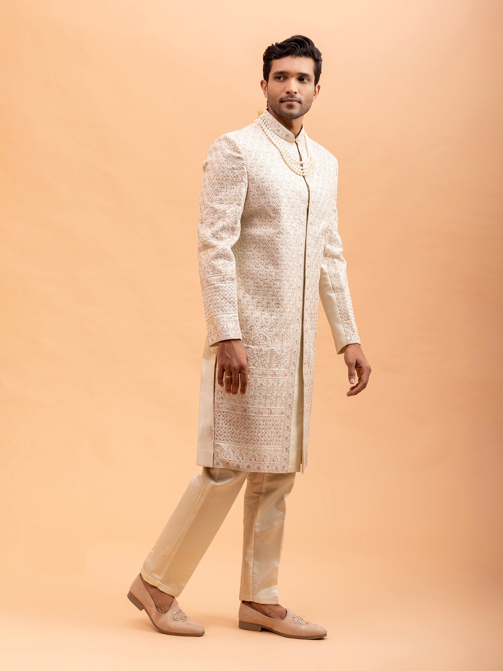 Beige Diamond Embroidered Sherwani Set