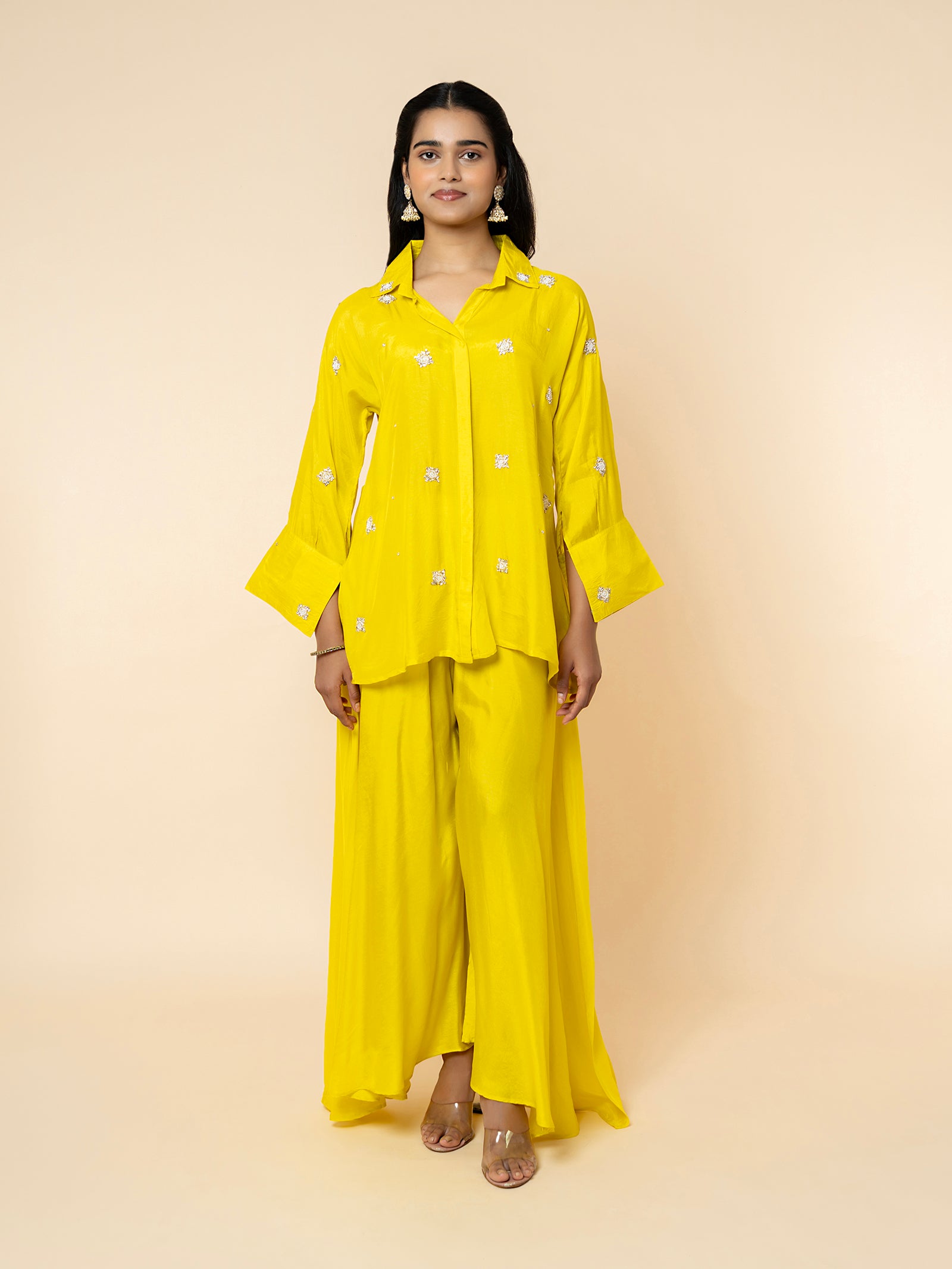 Yellow Silk Co-ord Set with Embellished Collar & Flared Silhouette