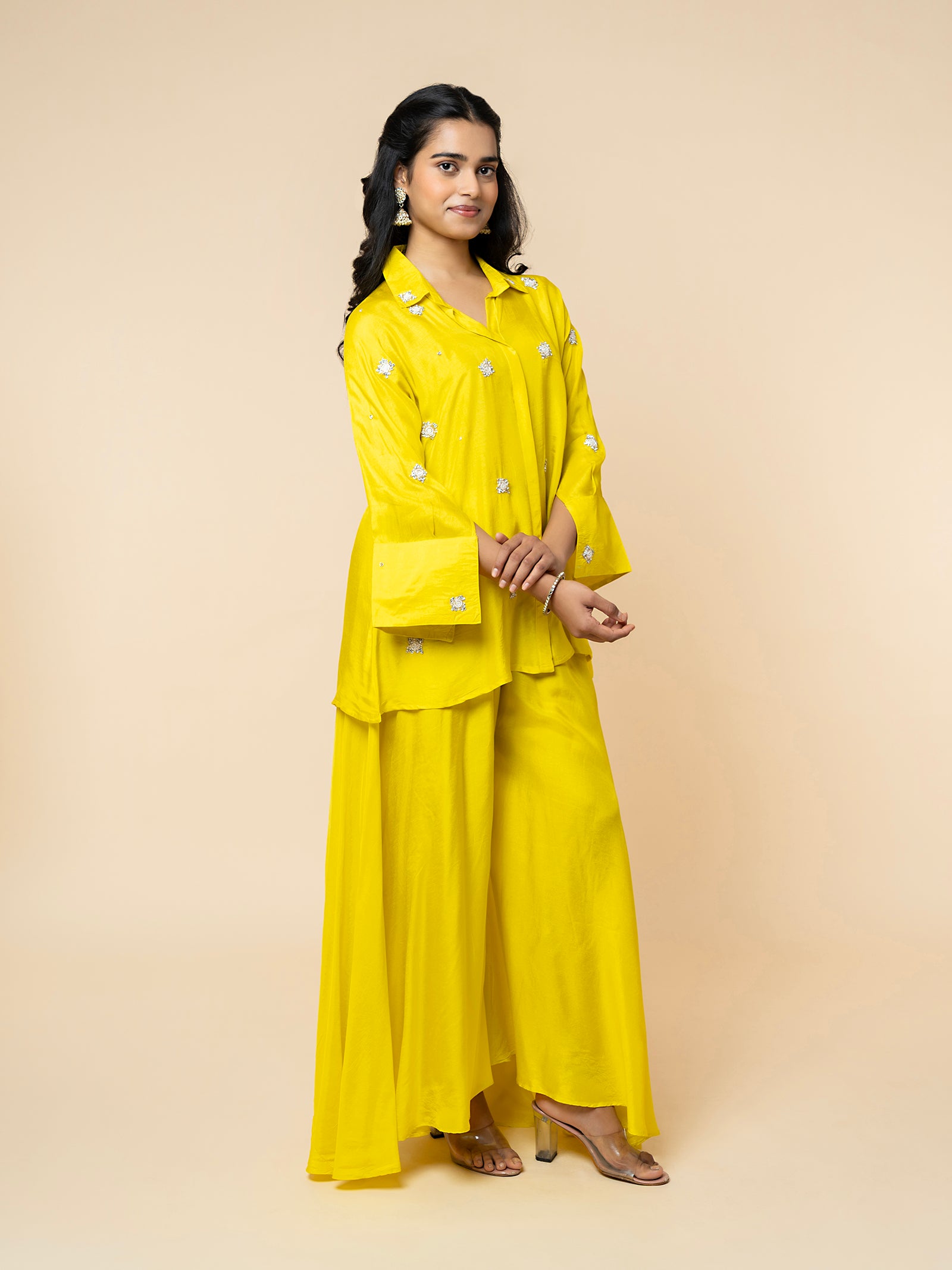 Yellow Silk Co-ord Set with Embellished Collar & Flared Silhouette