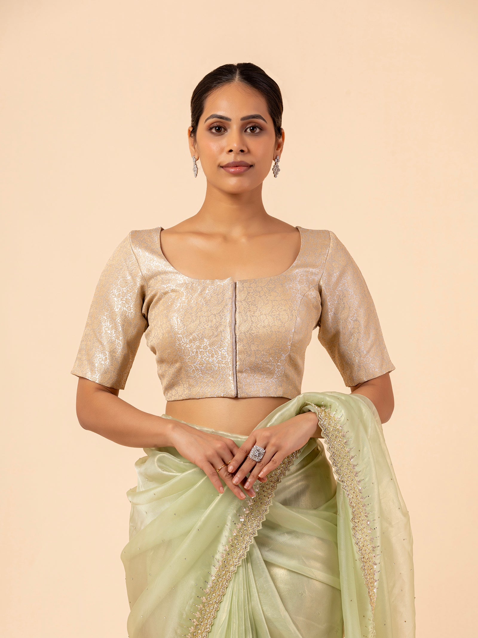 Champagne Brocade Scoop Neck Blouse
