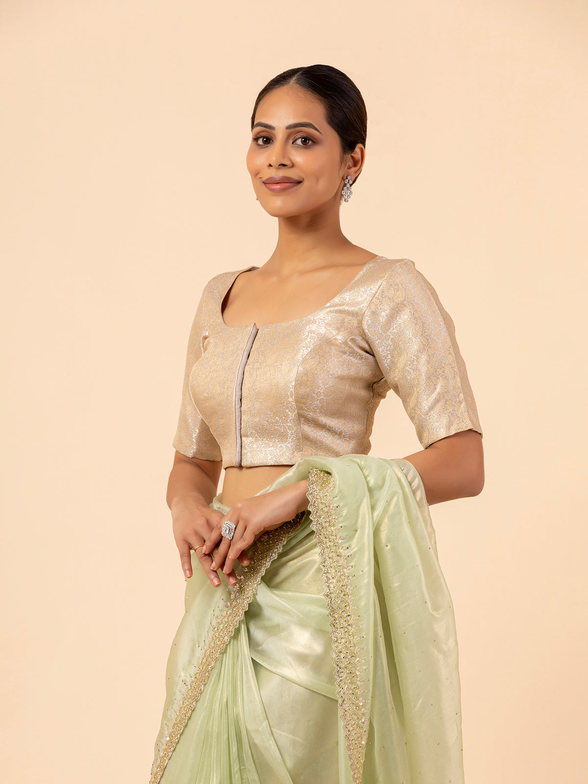 Champagne Brocade Scoop Neck Blouse
