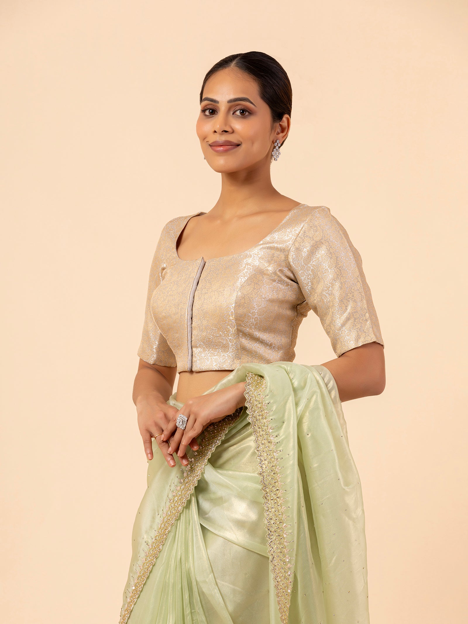 Champagne Brocade Scoop Neck Blouse