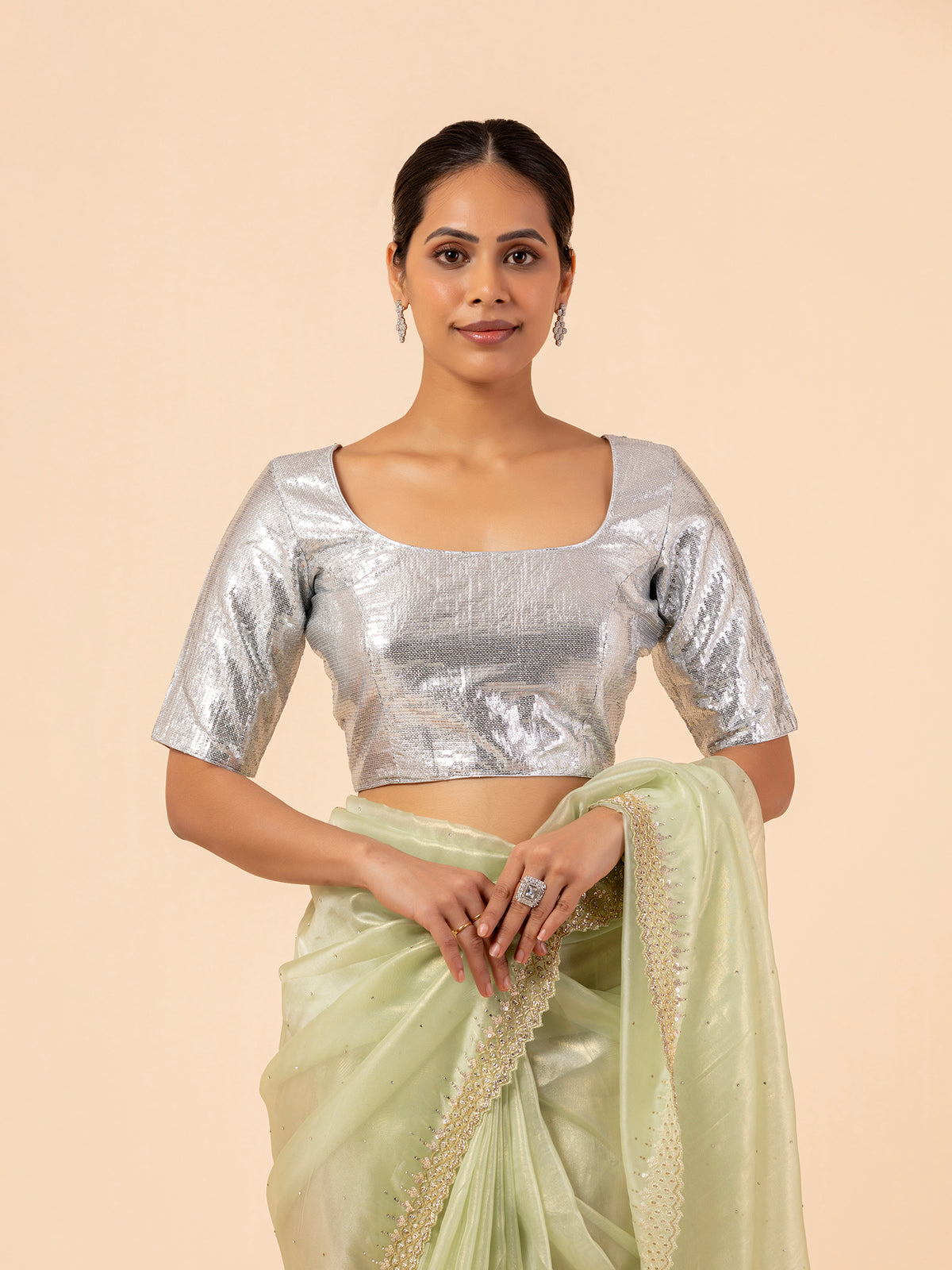Silver Metallic Scoop Neck Blouse