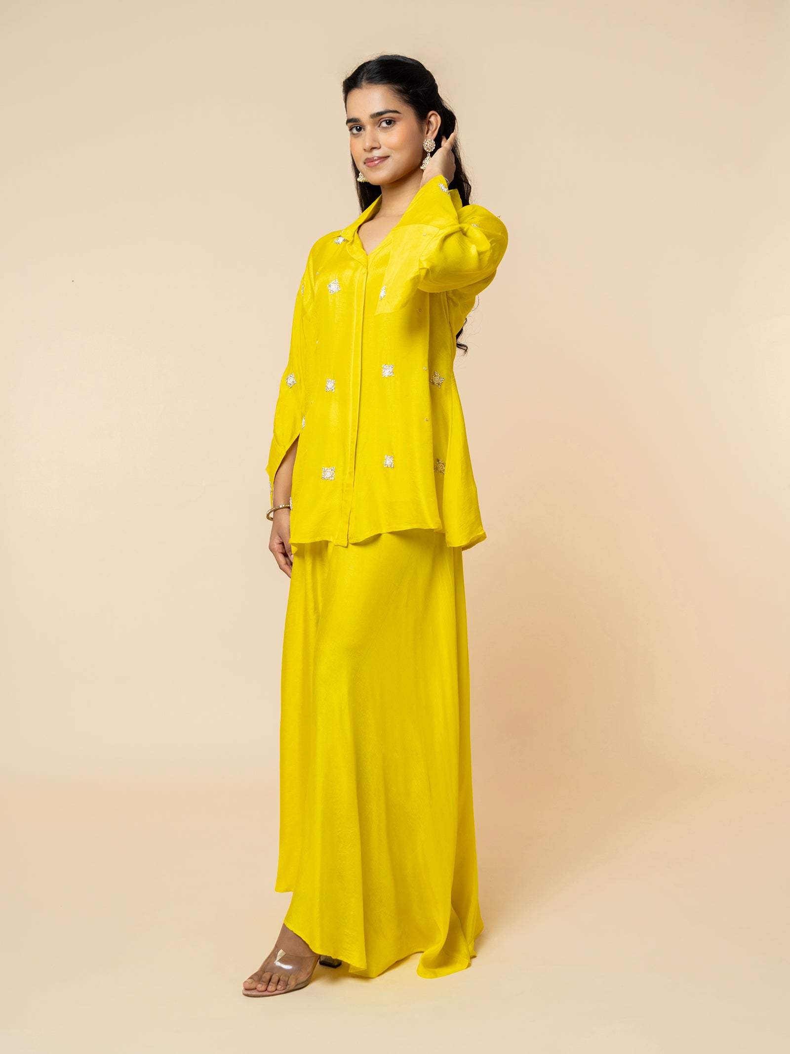 Yellow Silk Co-ord Set with Embellished Collar & Flared Silhouette