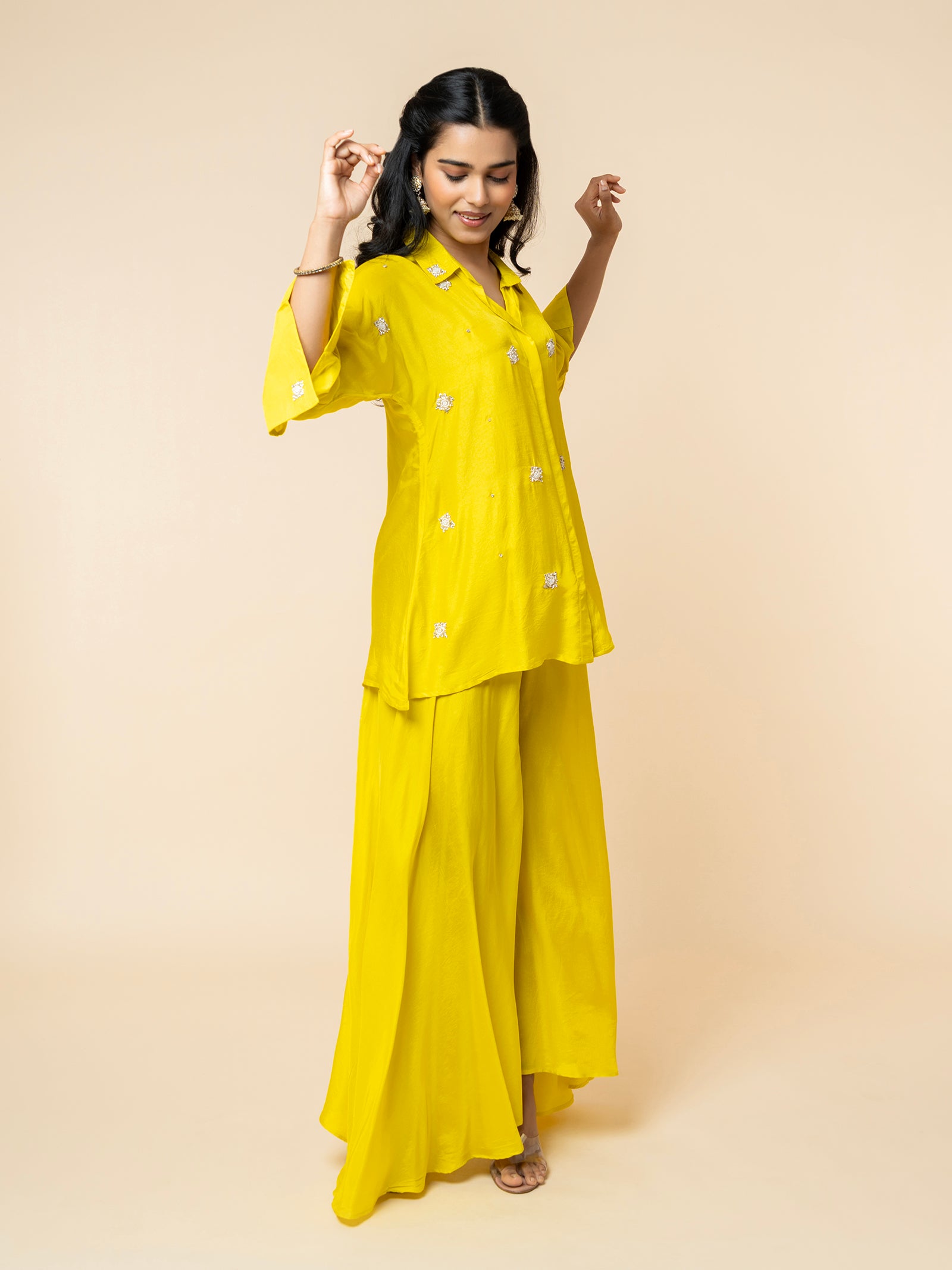 Yellow Silk Co-ord Set with Embellished Collar & Flared Silhouette