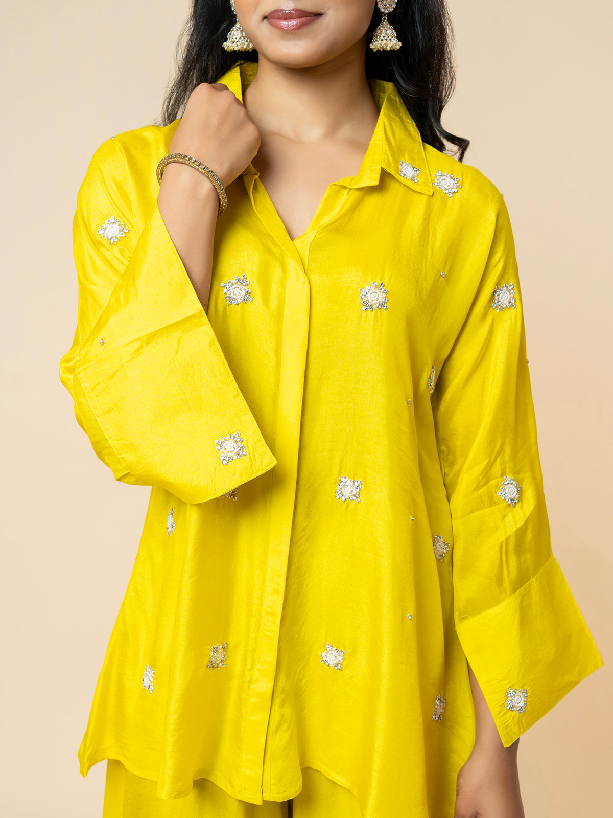 Yellow Silk Co-ord Set with Embellished Collar & Flared Silhouette