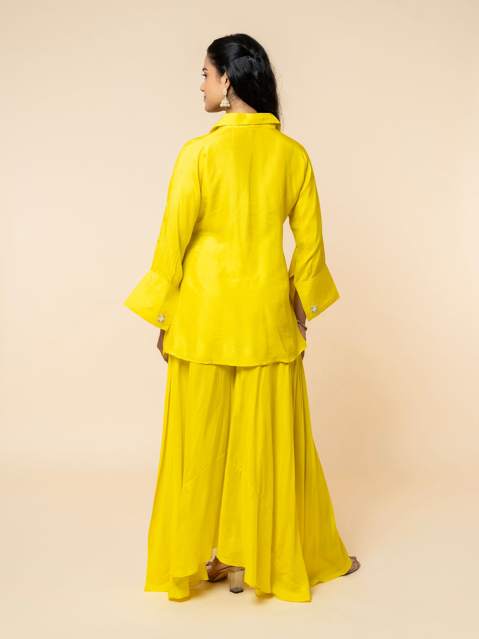 Yellow Silk Co-ord Set with Embellished Collar & Flared Silhouette