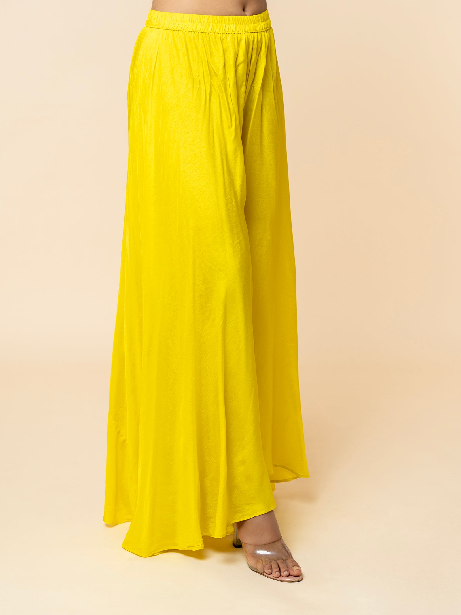 Yellow Silk Co-ord Set with Embellished Collar & Flared Silhouette
