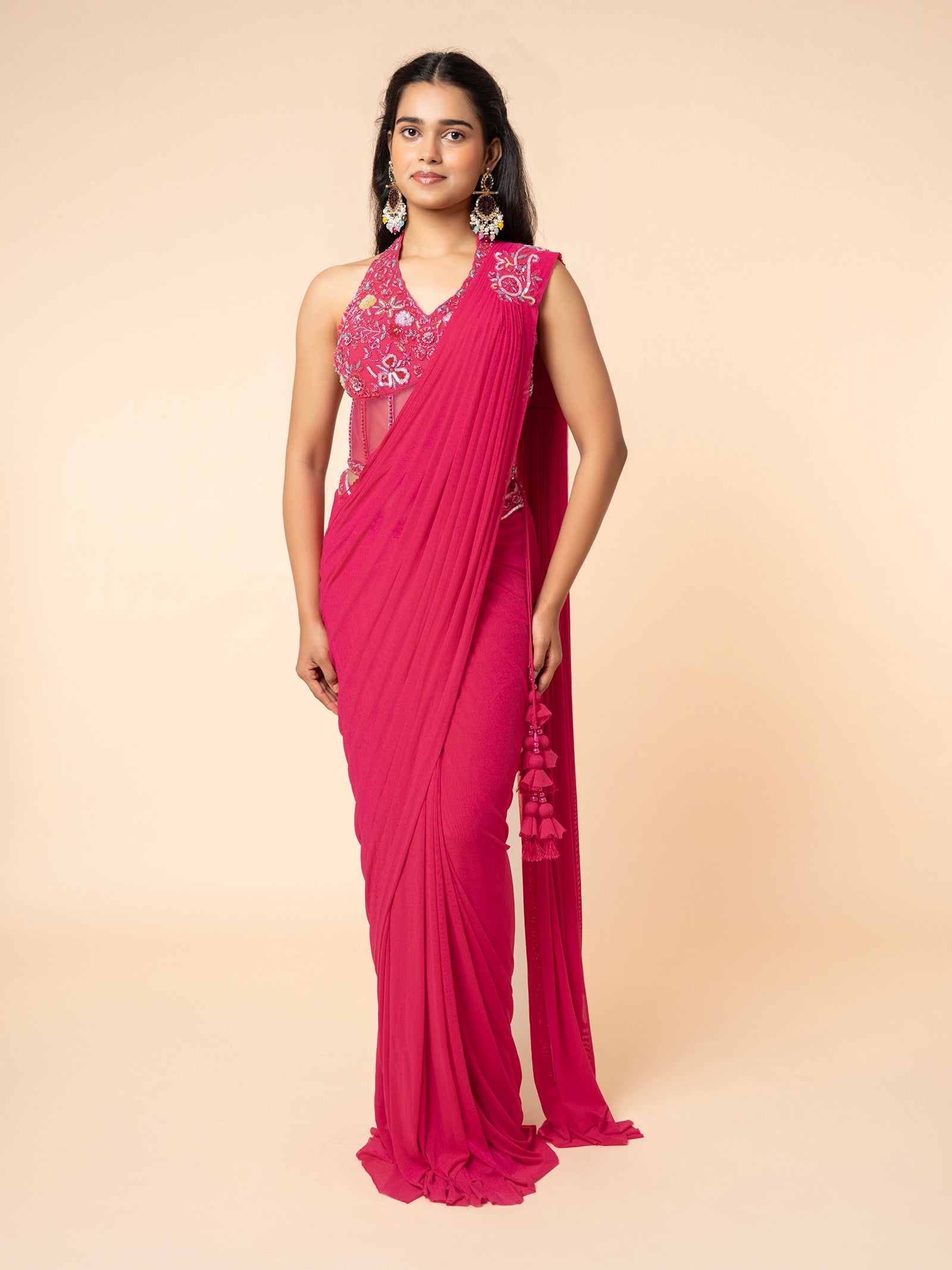 Magenta Pre-draped Saree with Embellished Corset-Style Blouse
