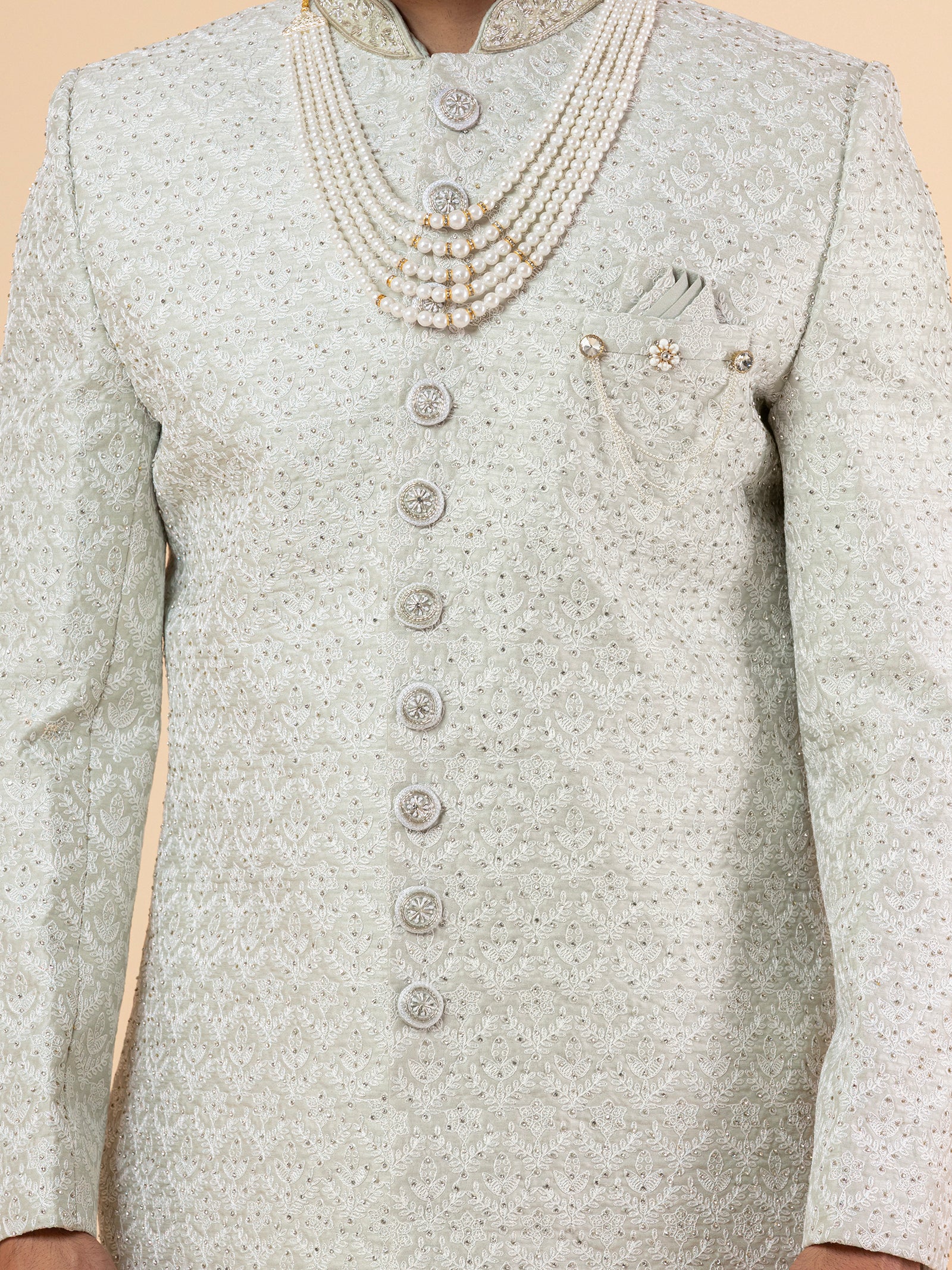 Sage Grey Minimalist Embroidered Sherwani
