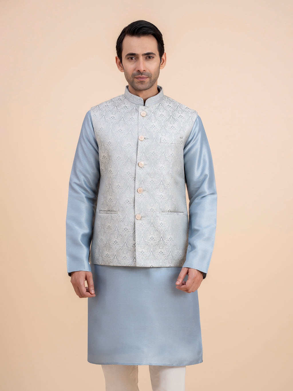 Silver Grey Embroidered Nehru Jacket