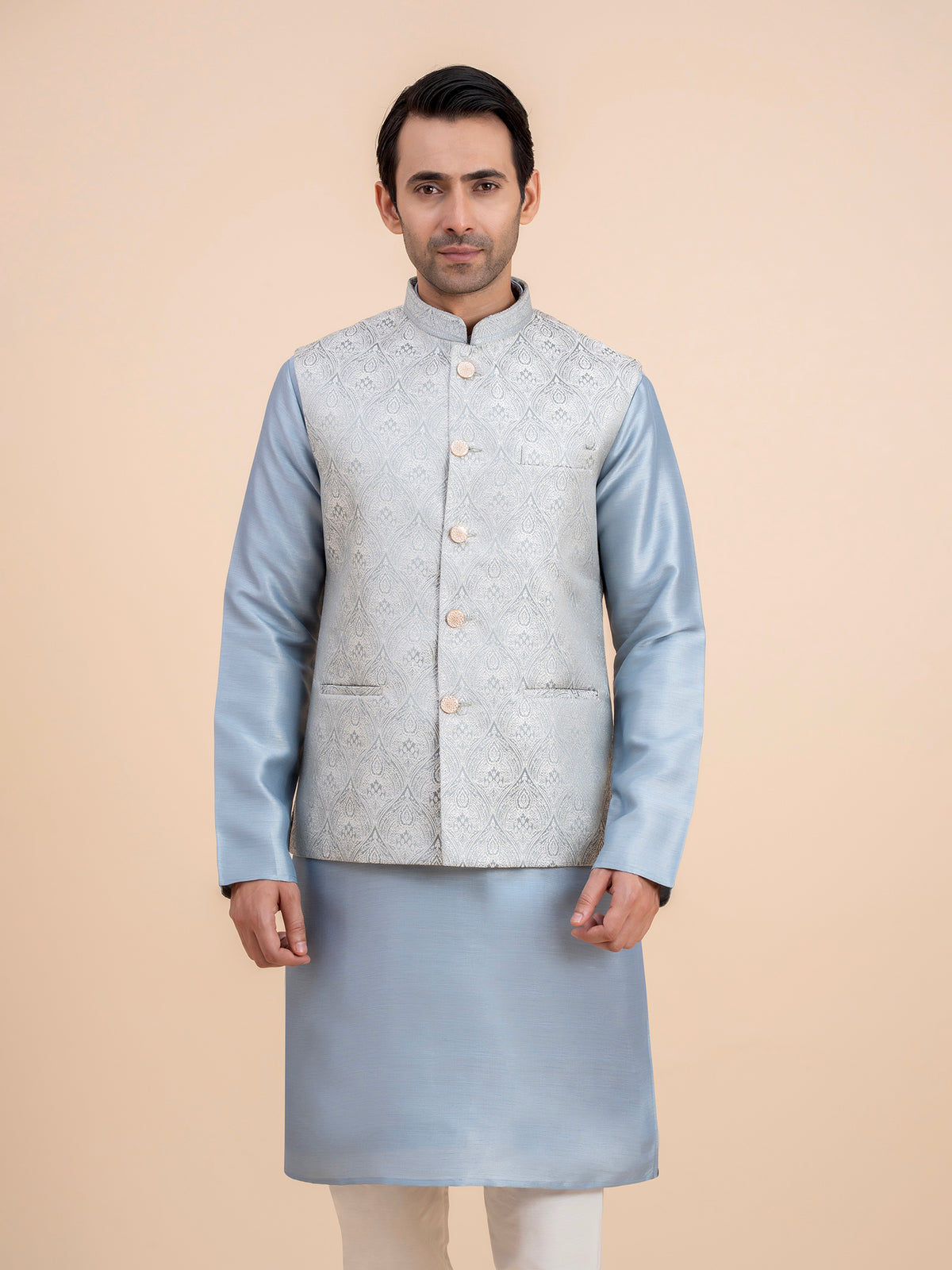 Silver Grey Embroidered Nehru Jacket