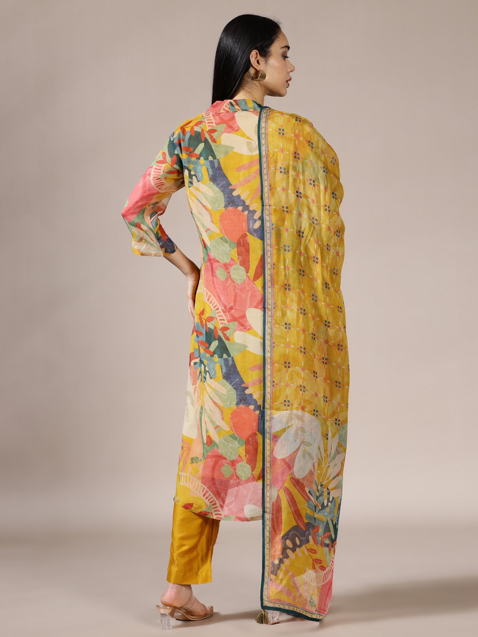Mustard Yellow Abstract Print Suit Set