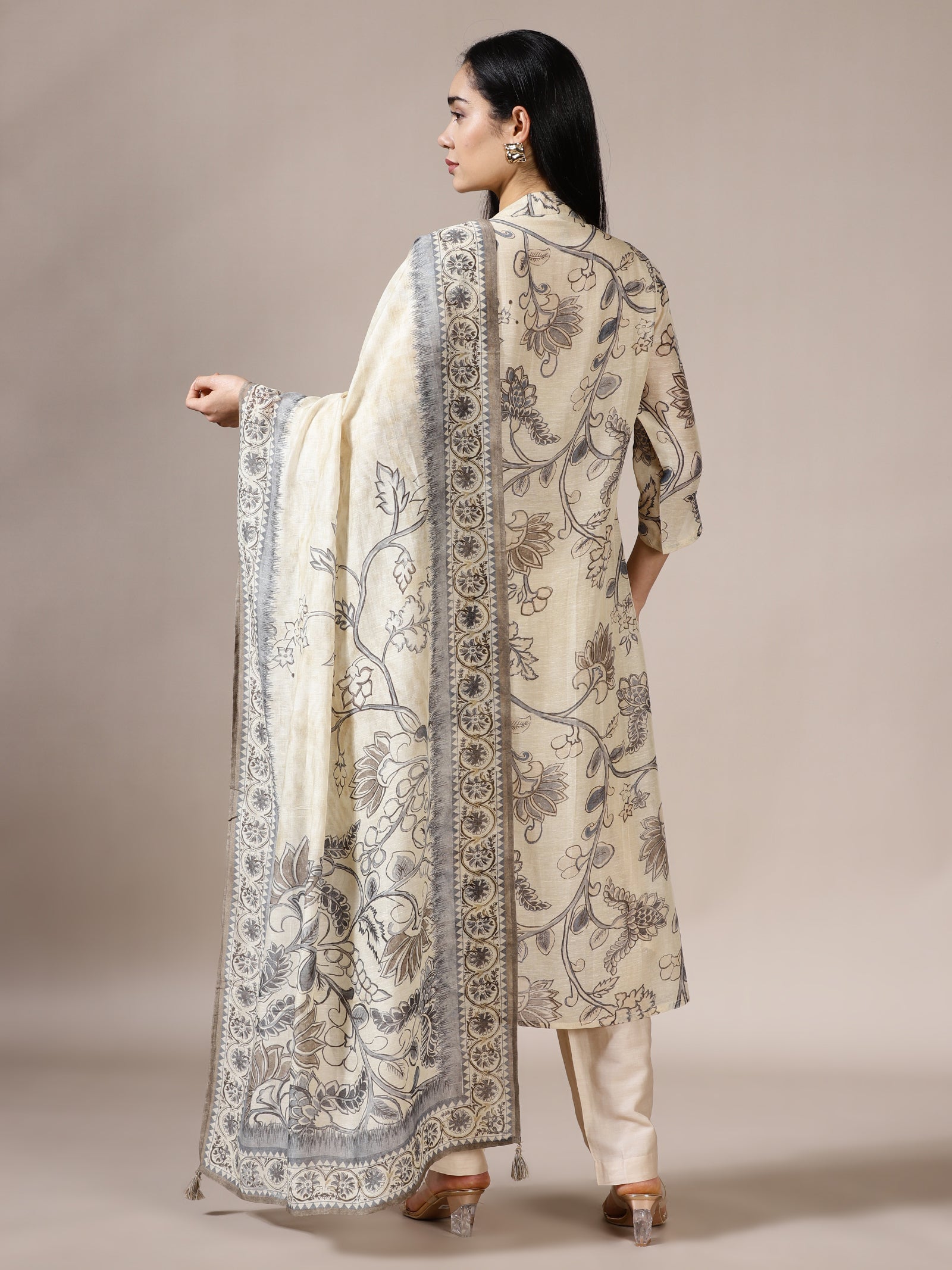 Off-White & Grey Printed Silk Blend Suit Set