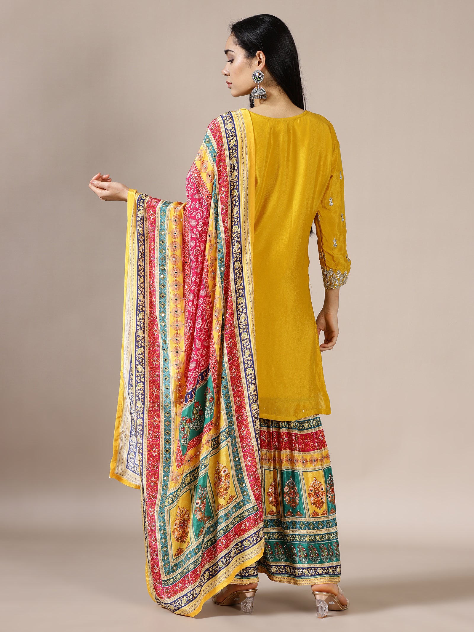 Mustard Zari Kurta with Printed Gharara Set