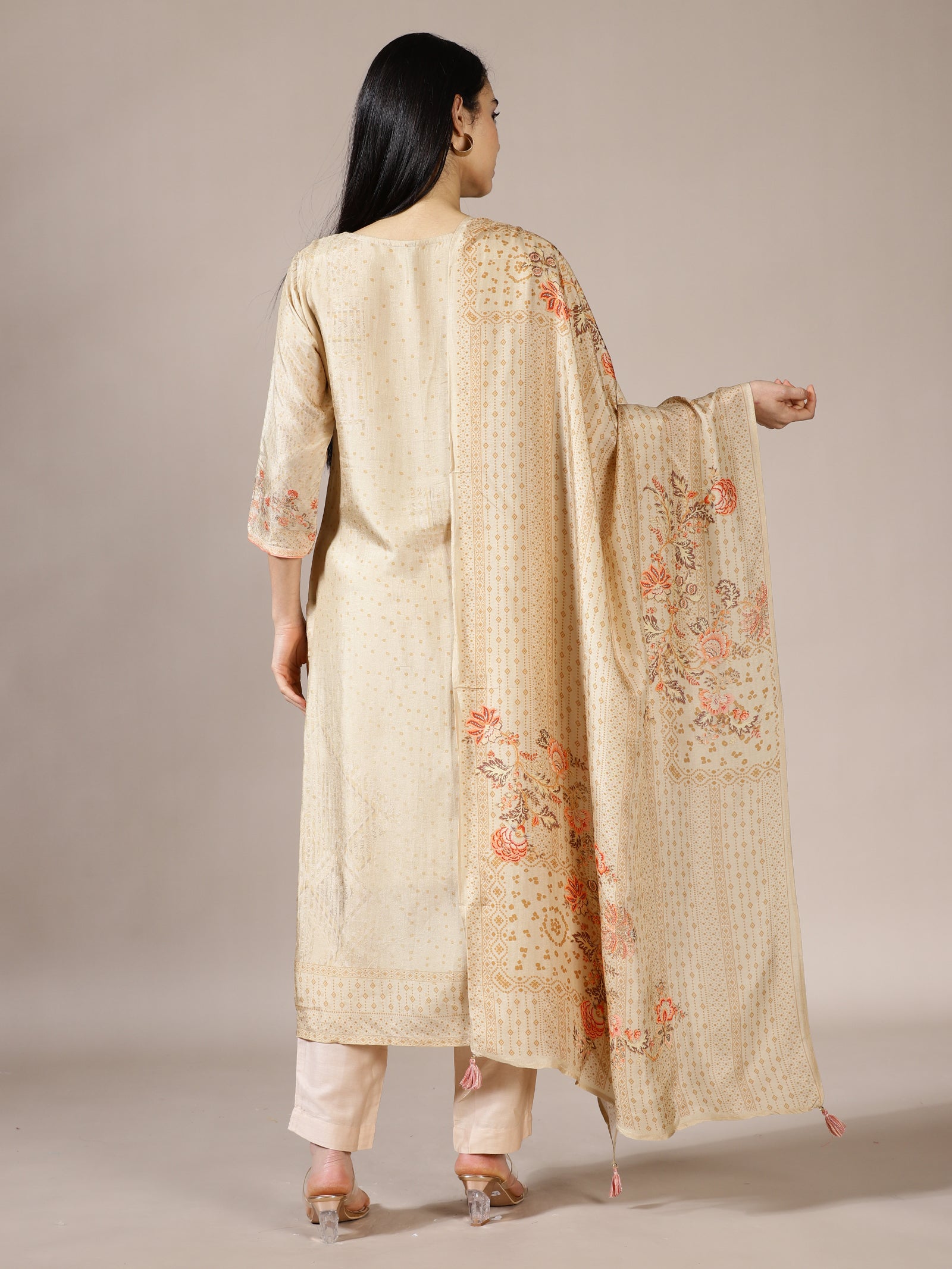 Beige Floral Print Suit Set