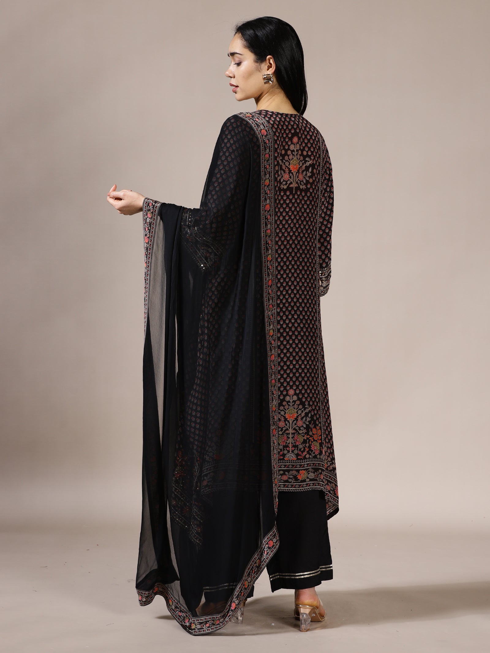 Black Embroidered Printed Suit Set