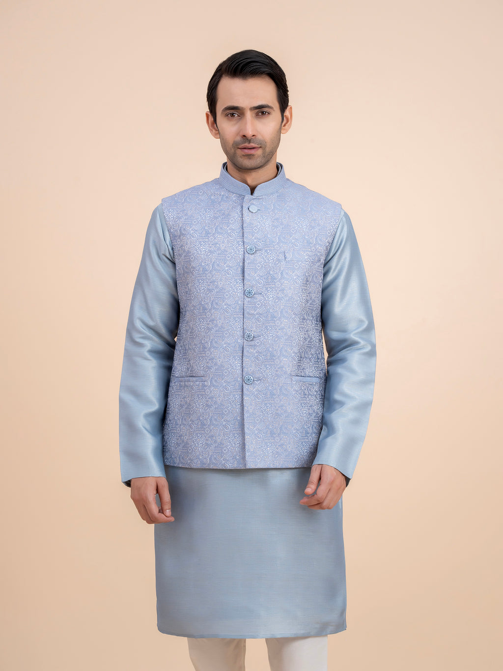 Dusty Blue Embroidered Nehru Jacket