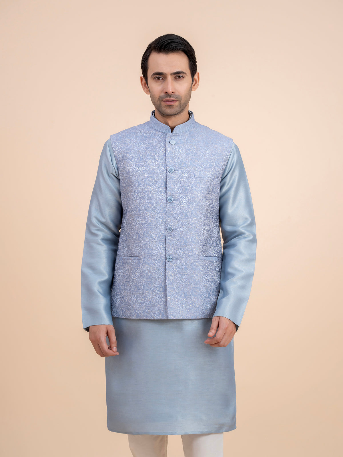 Dusty Blue Embroidered Nehru Jacket