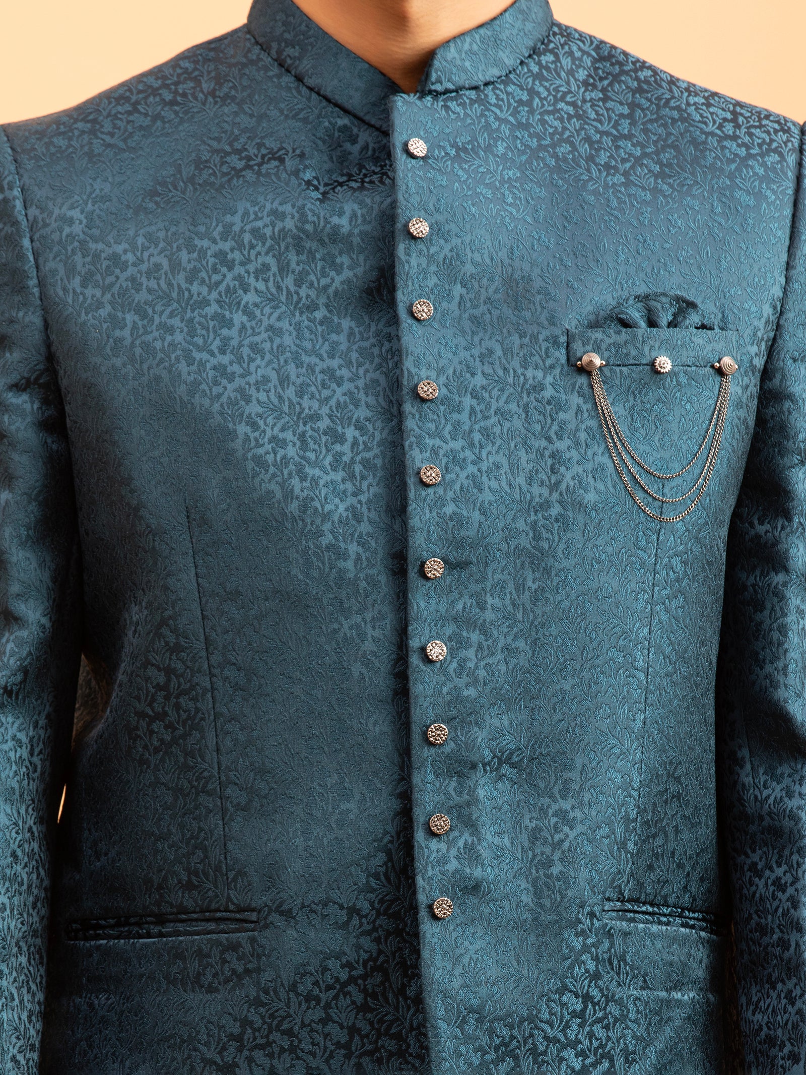 Deep Teal Floral Jacquard Jodhpuri Set