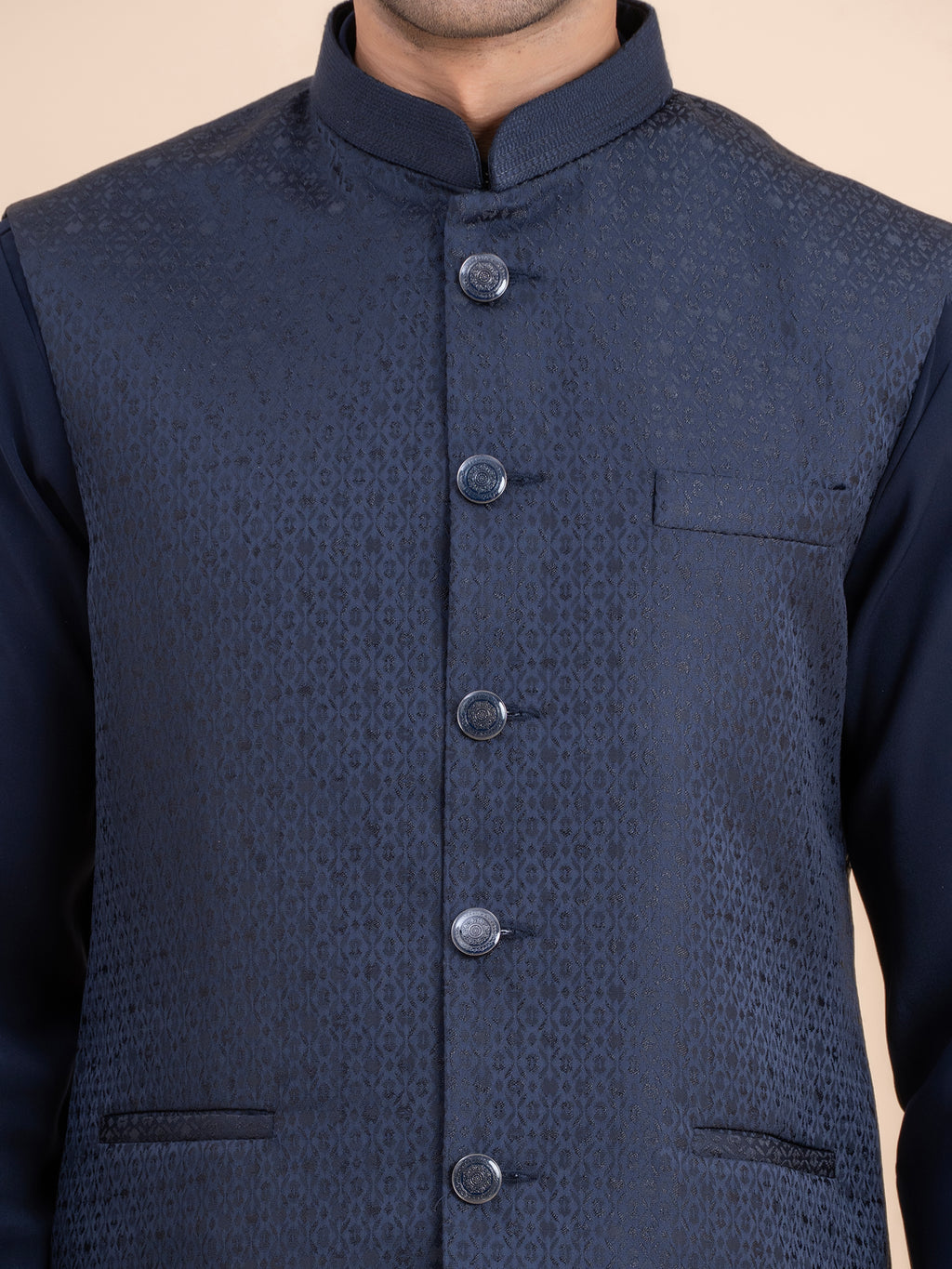 Dark Navy Textured Nehru Jacket