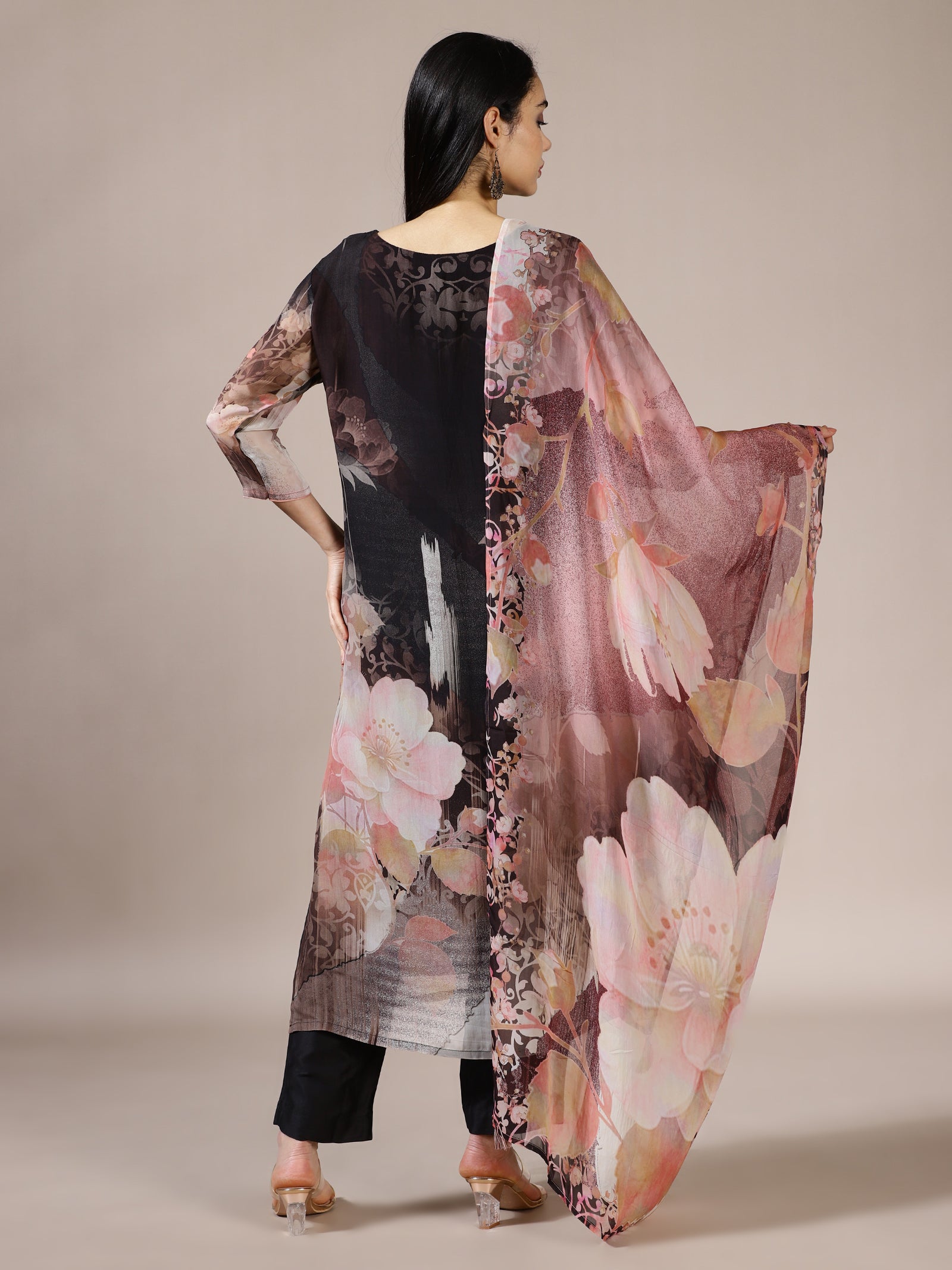 Black Floral Print Tunic Set