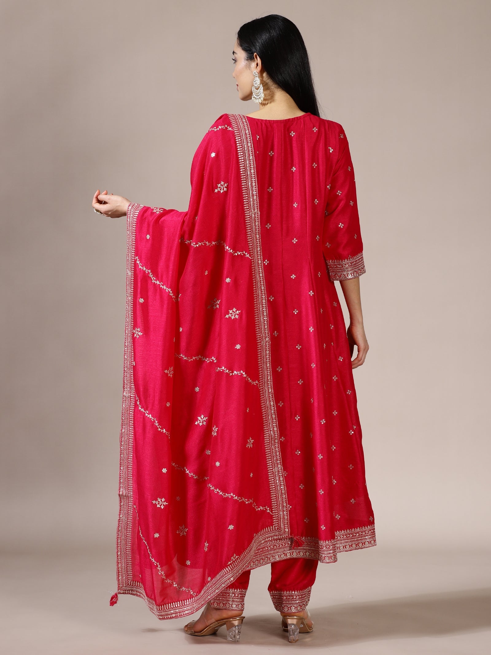 Fuschia Pink Mirror Work A-Line Suit Set